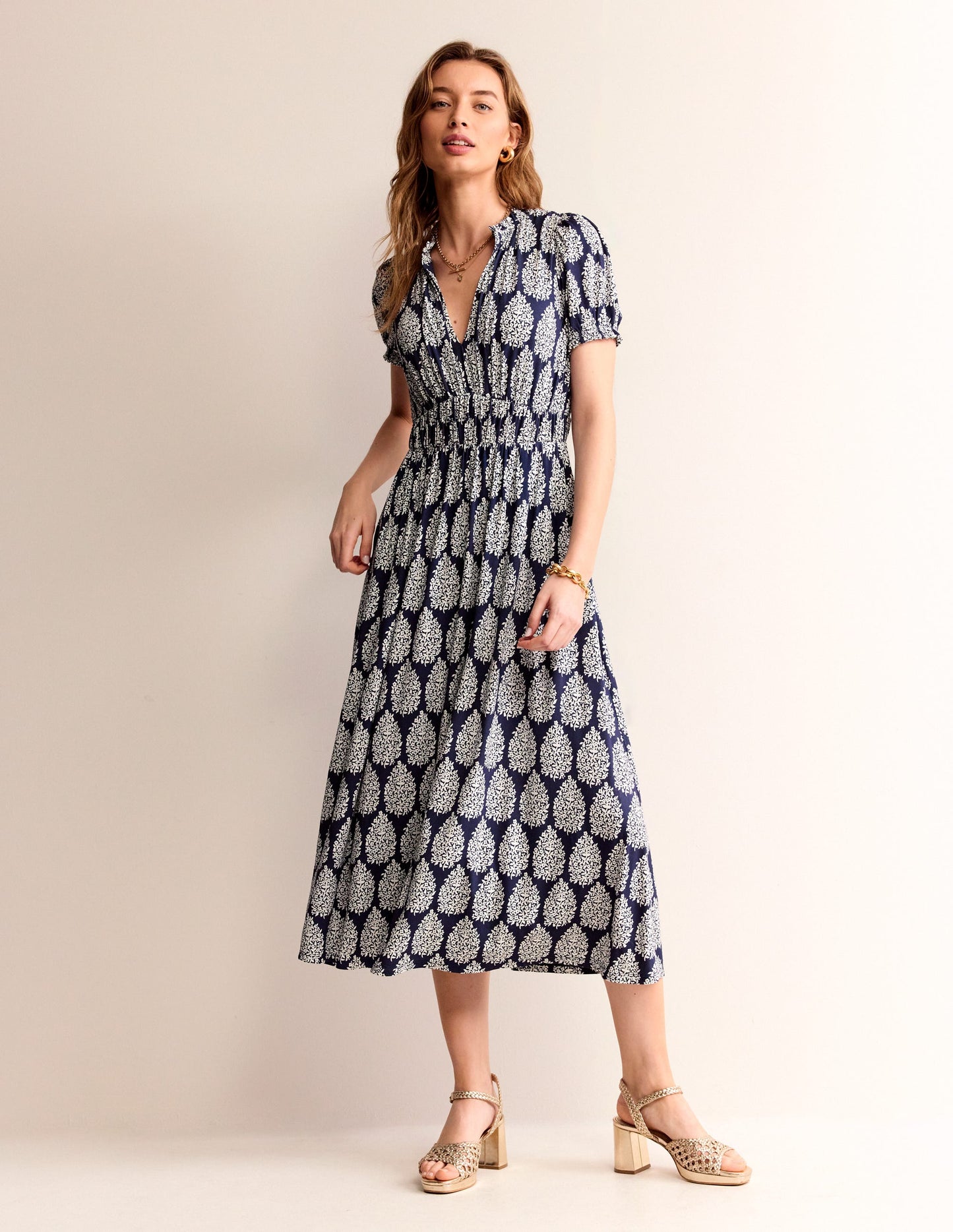 Rosanna Jersey Midi Tea Dress-French Navy, Floret Paisley