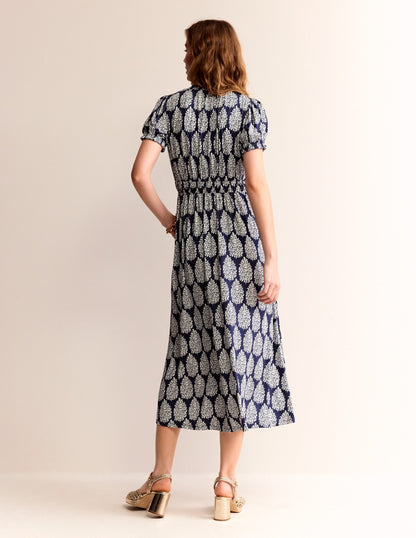 Rosanna Jersey Midi Tea Dress-French Navy, Floret Paisley