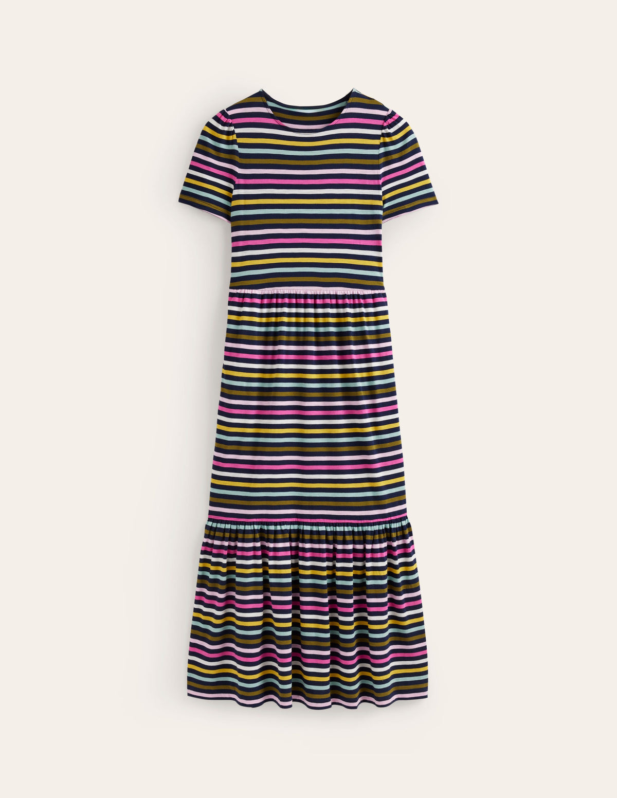 Emma Tiered Jersey Midi Dress-Navy, Yellow Multistripe-6