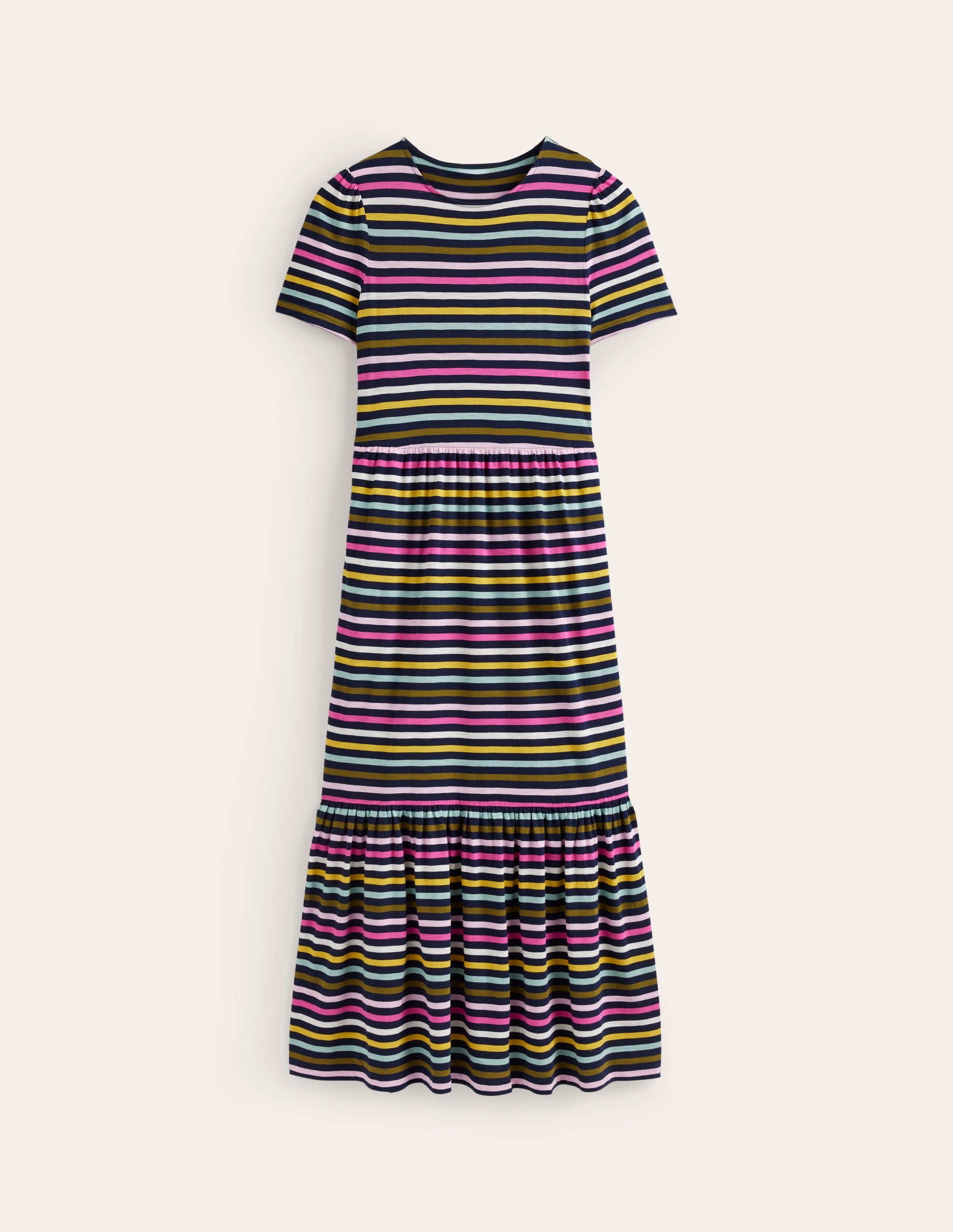 Emma Tiered Jersey Midi Dress-Navy, Yellow Multistripe - Image 6