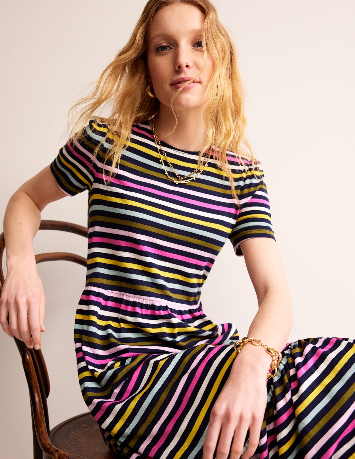 Emma Tiered Jersey Midi Dress-Navy, Yellow Multistripe - Image 1