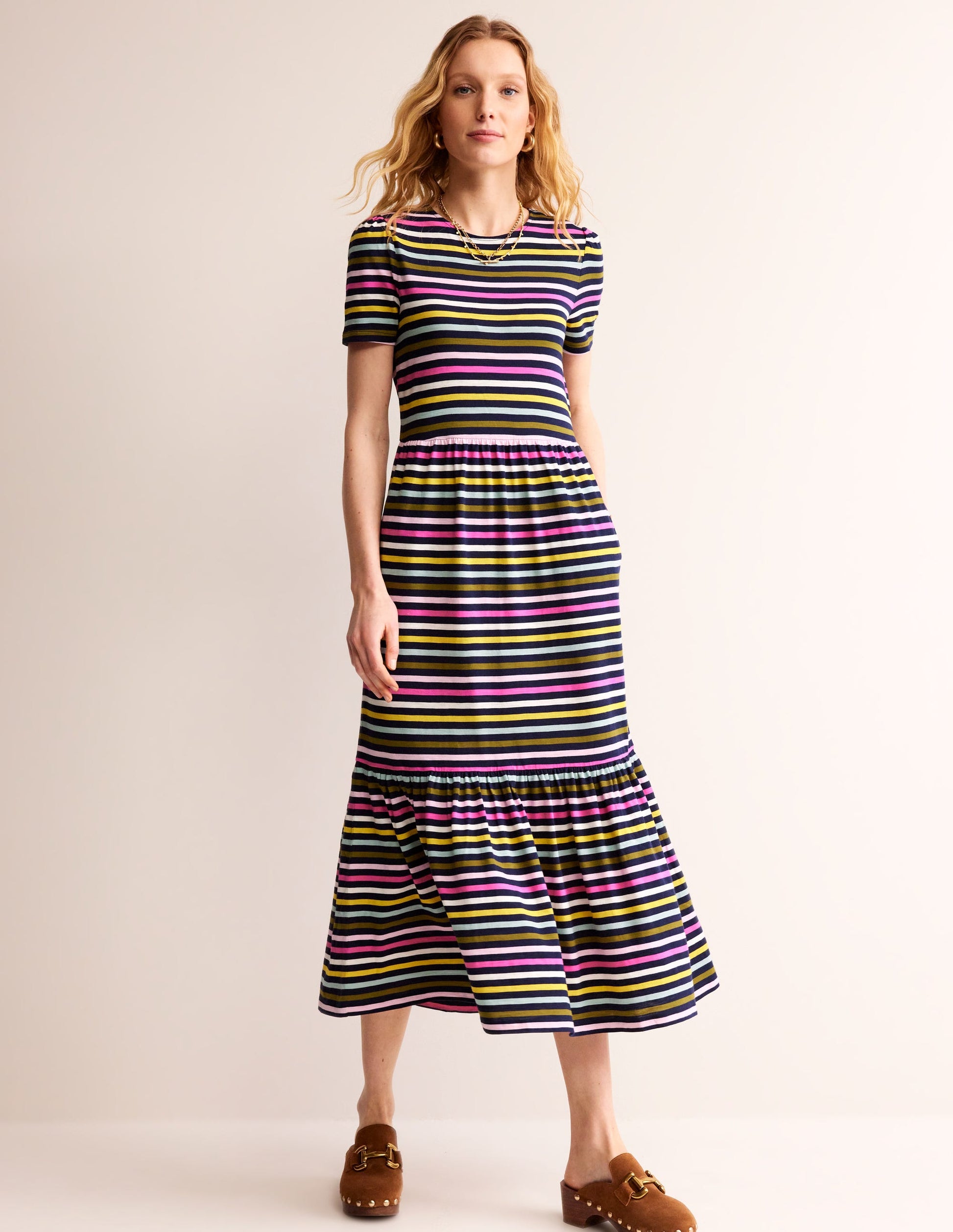 Emma Tiered Jersey Midi Dress-Navy, Yellow Multistripe-2