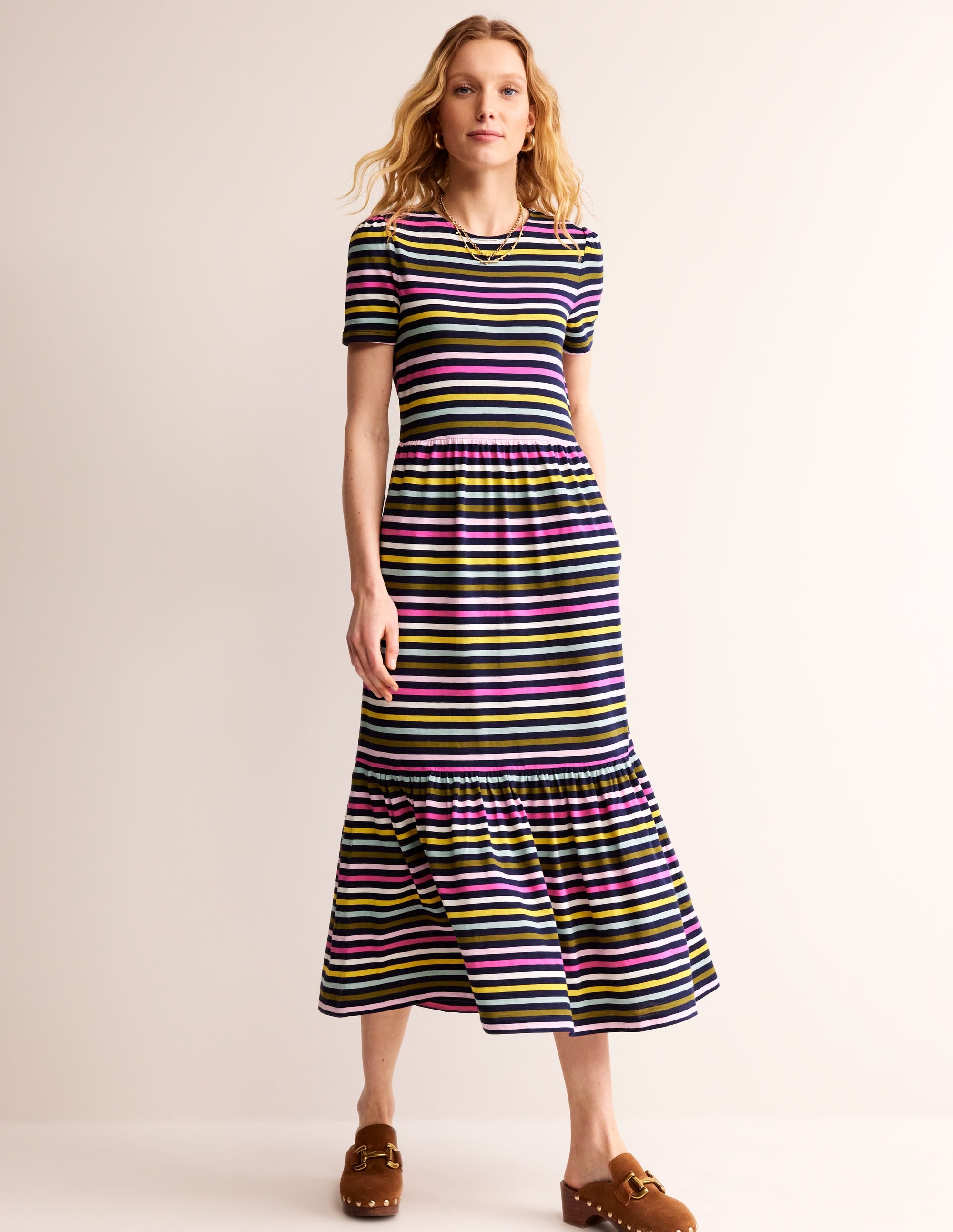 Emma Tiered Jersey Midi Dress-Navy, Yellow Multistripe - Image 2