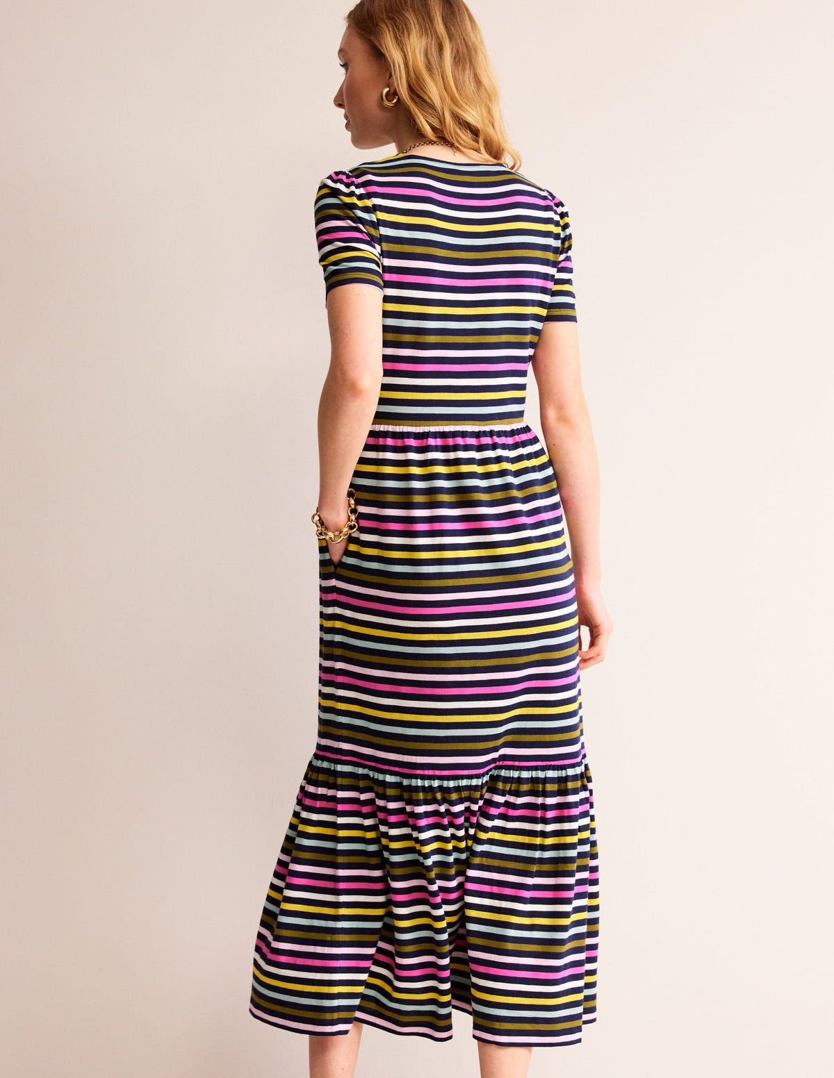 Emma Tiered Jersey Midi Dress-Navy, Yellow Multistripe-3