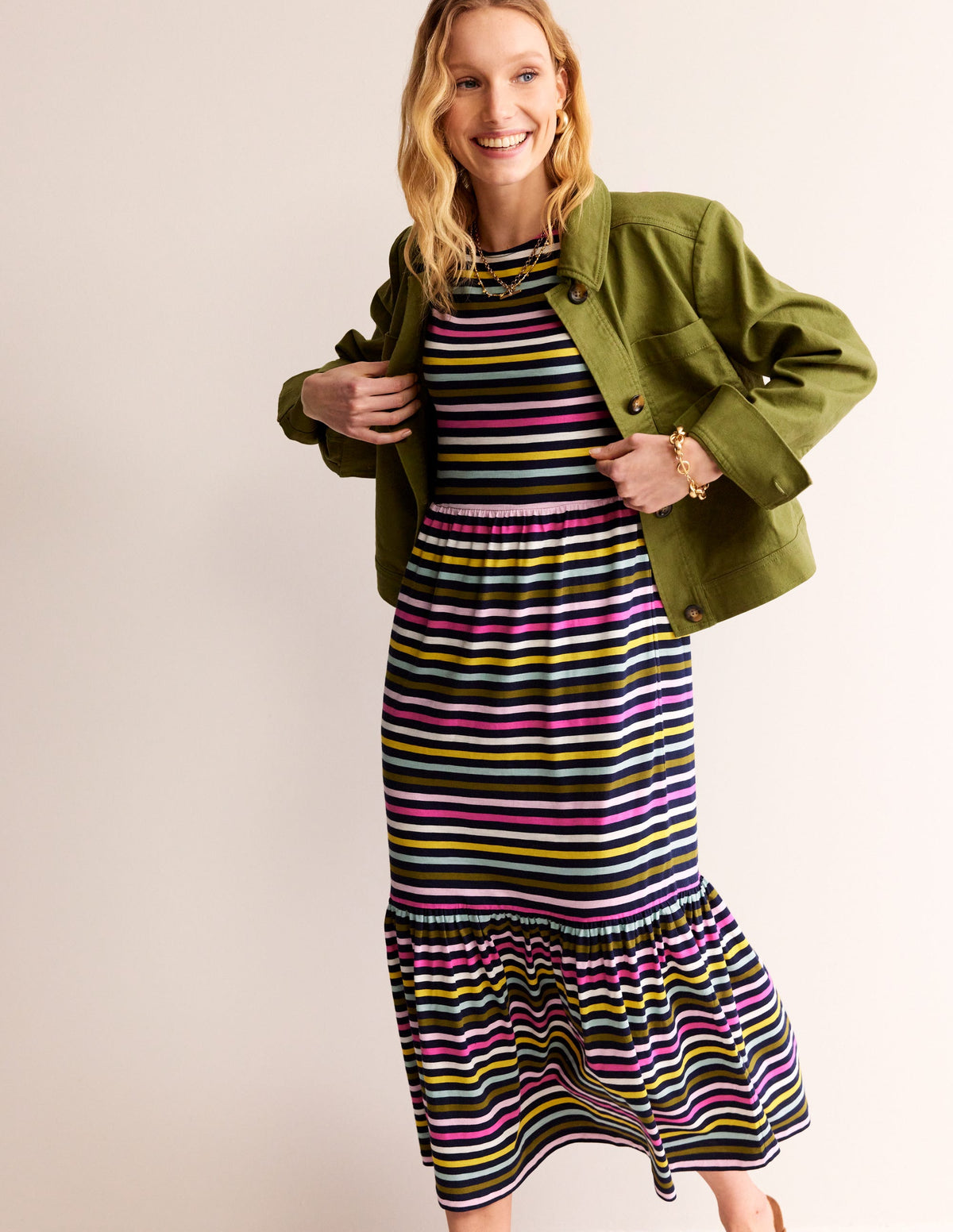 Emma Tiered Jersey Midi Dress-Navy, Yellow Multistripe-4