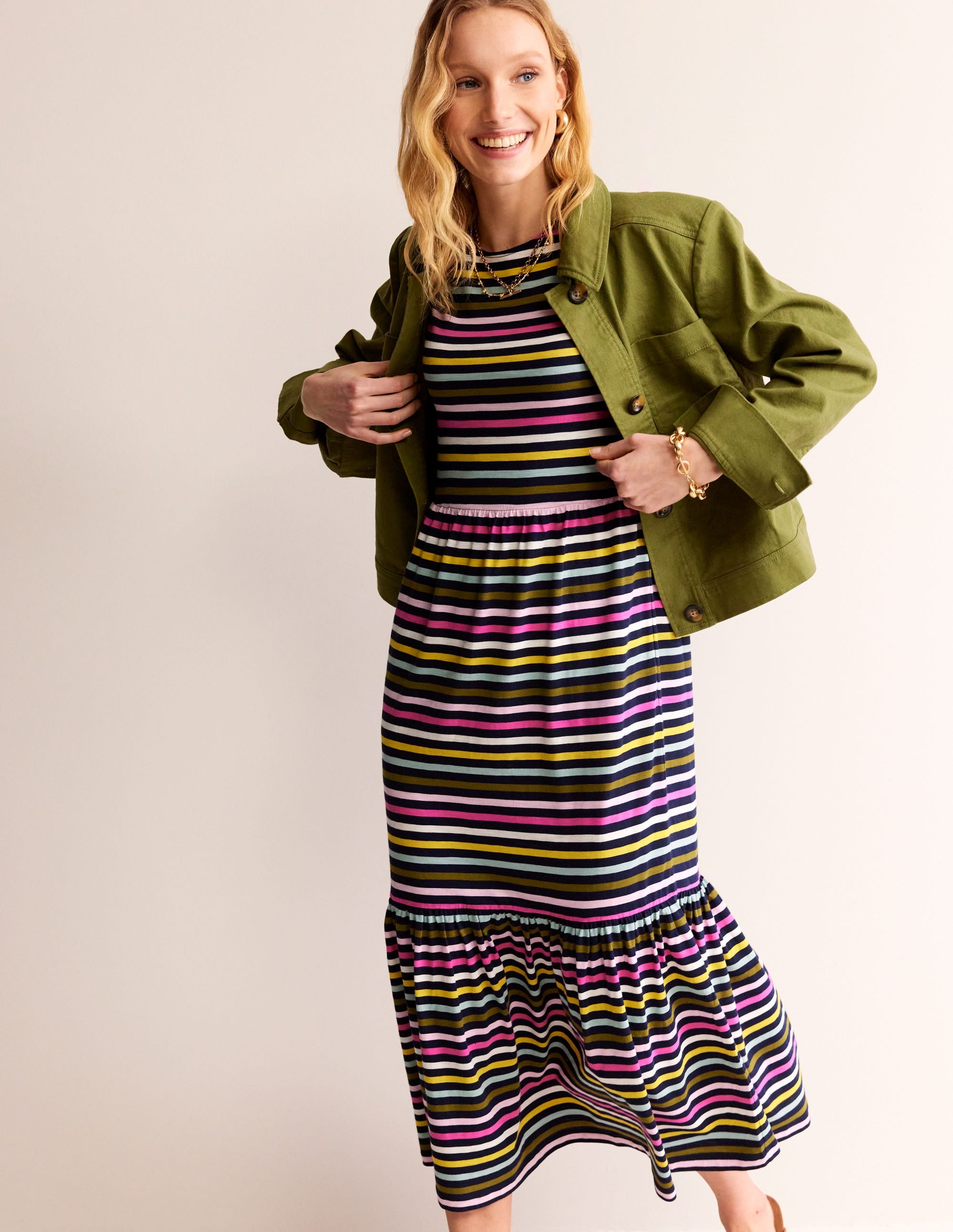 Emma Tiered Jersey Midi Dress-Navy, Yellow Multistripe - Image 4