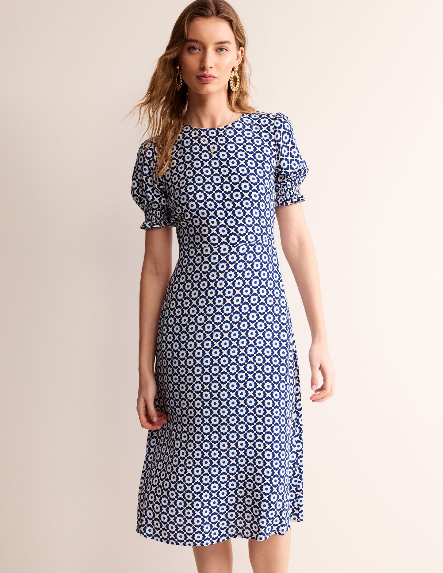 Corinne Midi Tea Dress-French Navy, Geo Pome