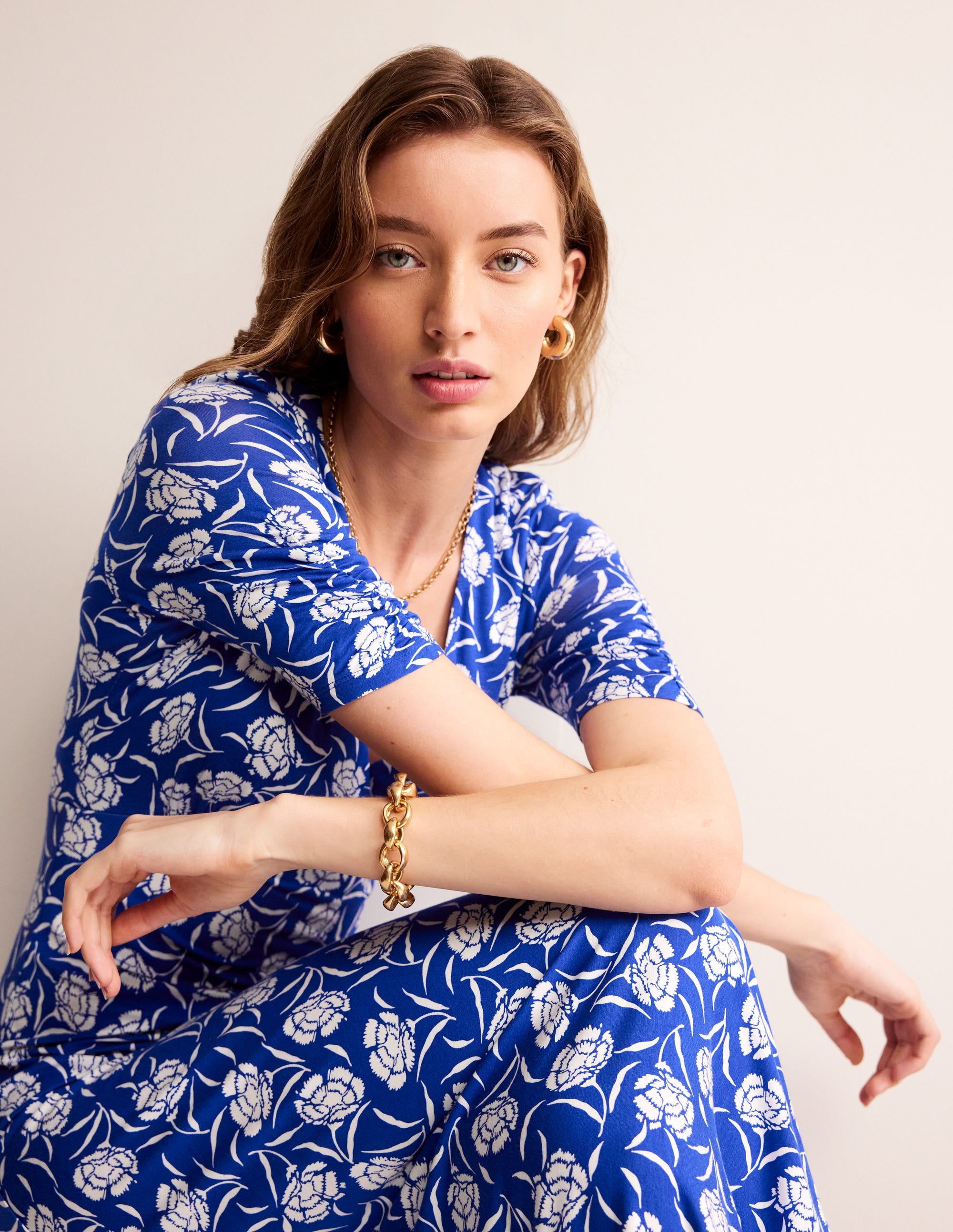 Rebecca Jersey Midi Tea Dress-Surf The Web, Peony Sprig - Image 1