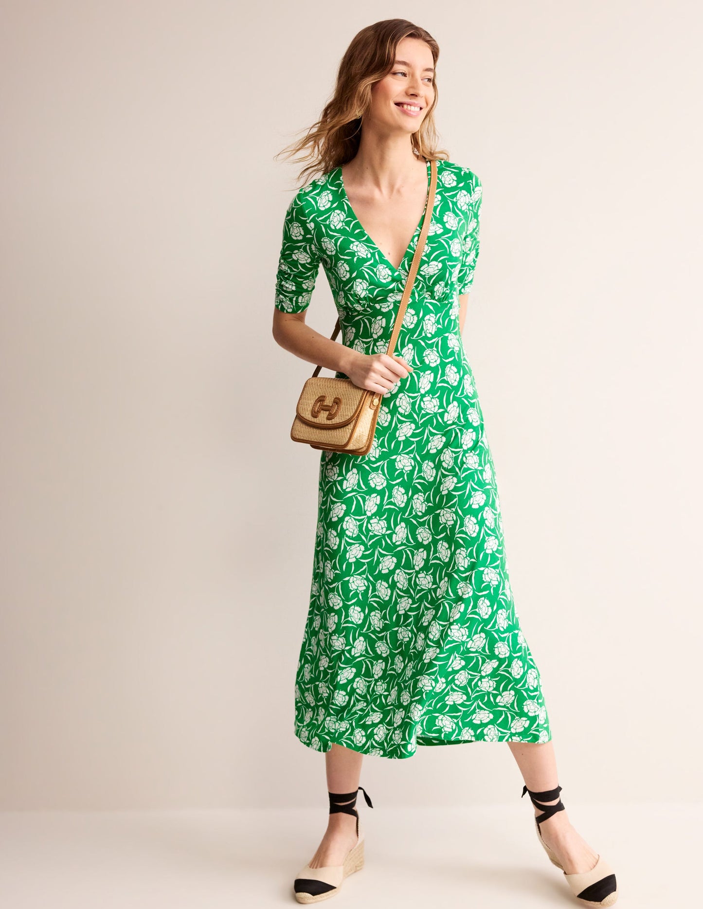 Rebecca Jersey Midi Tea Dress-Green Tambourine, Peony Sprig