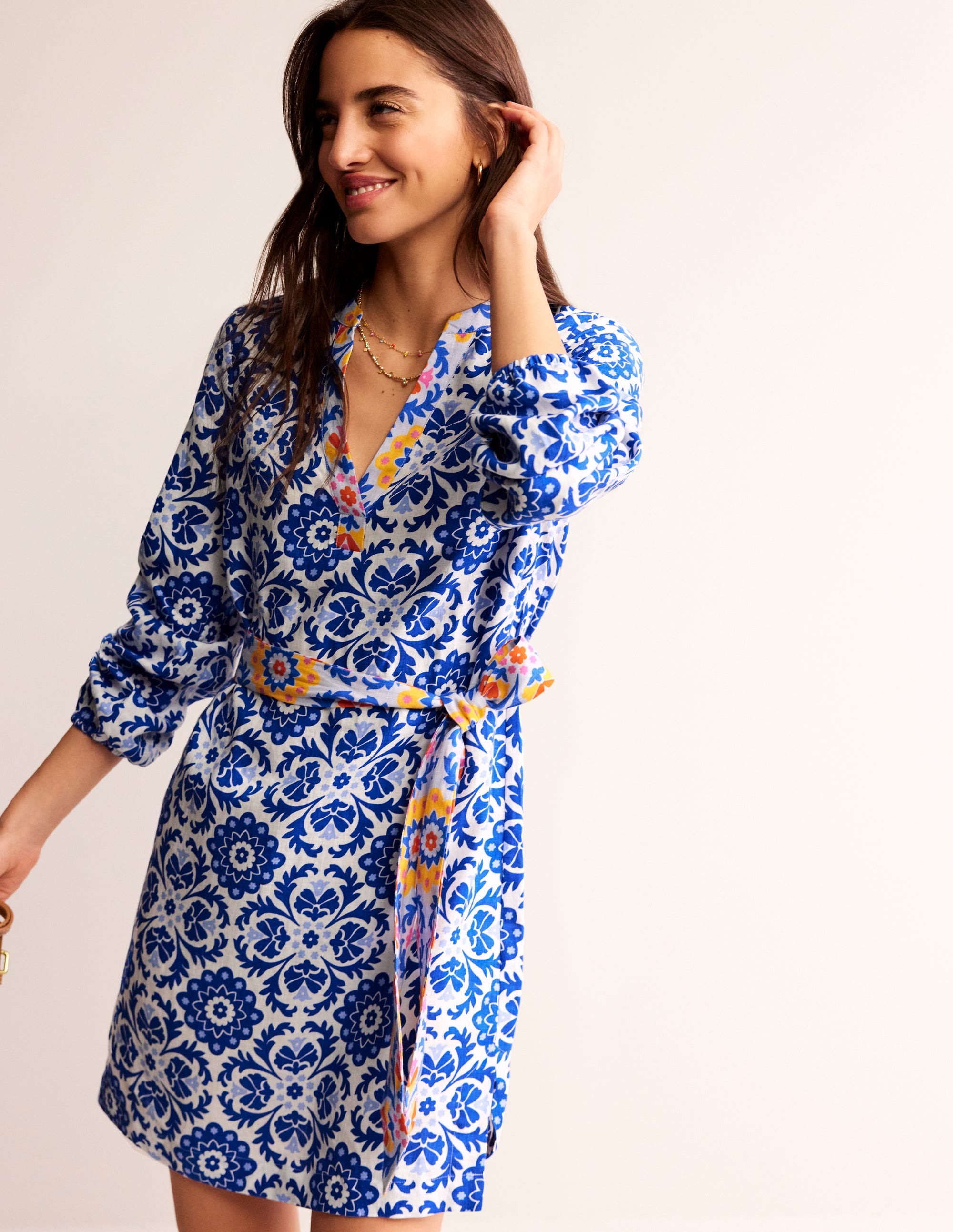 Cleo Linen Tie Waist Dress-Surf The Web, Mosaic Bloom - Image 1