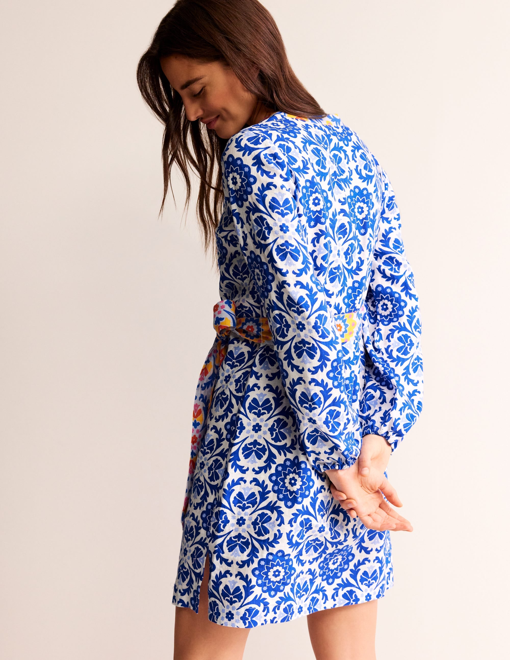 Cleo Linen Tie Waist Dress-Surf The Web, Mosaic Bloom - Image 3