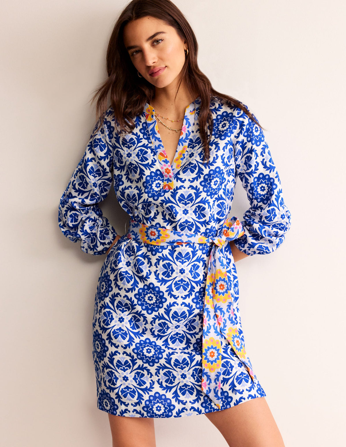 Cleo Linen Tie Waist Dress-Surf The Web, Mosaic Bloom-4