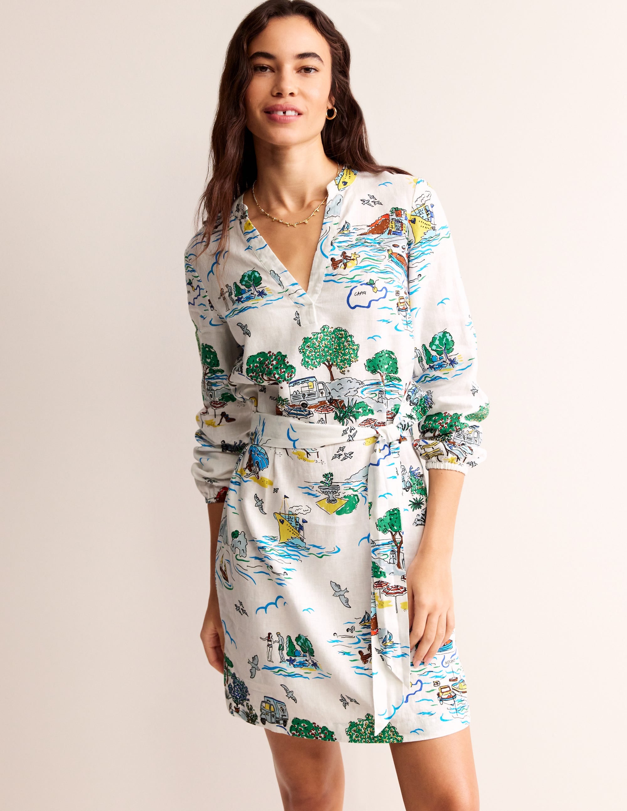 Cleo Linen Tie Waist Dress-Ivory, Amalfi - Image 4