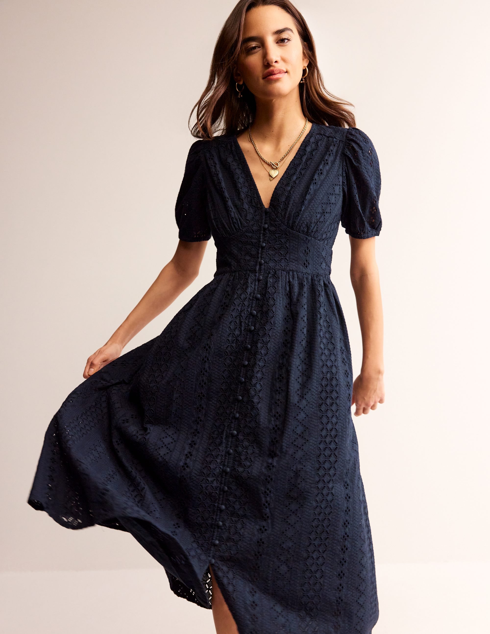 Broderie Midi Tea Dress-Navy - Image 1