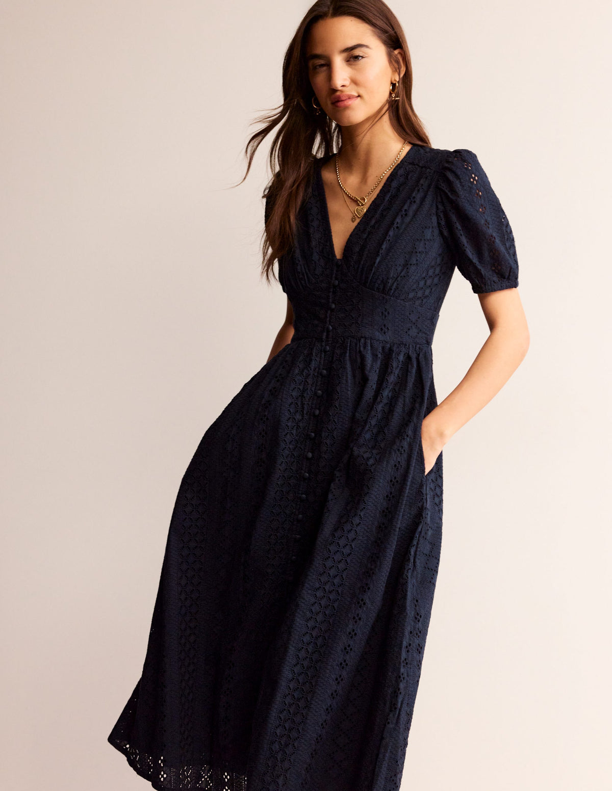 Broderie Midi Tea Dress-Navy - Image 4