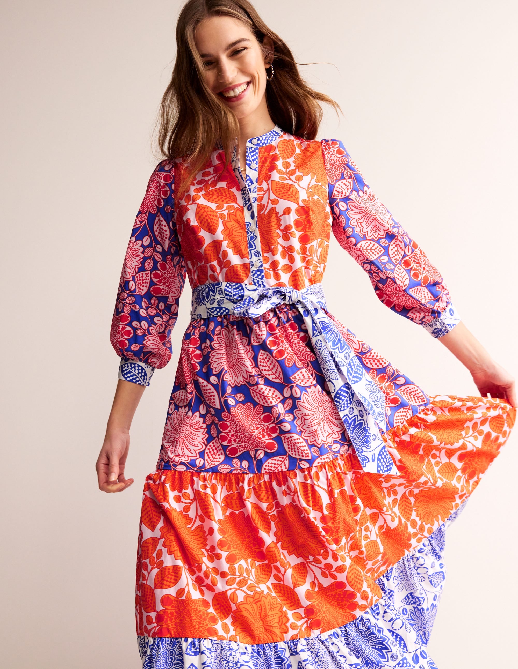 Alba Tiered Cotton Maxi Dress-Firecracker, Gardenia Swirl - Image 1