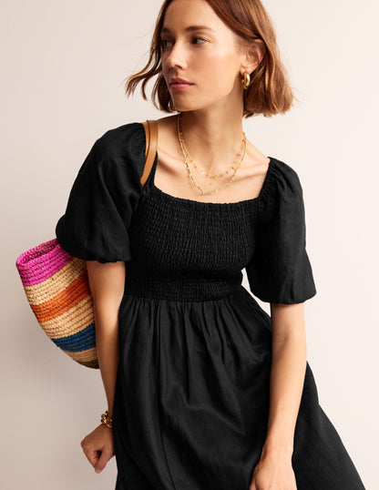 Sky Smocked Linen Midi Dress-Black