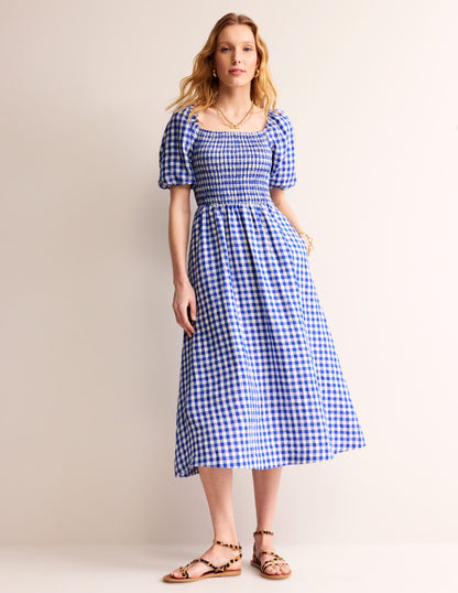 Sky Smocked Linen Midi Dress-Blue Gingham