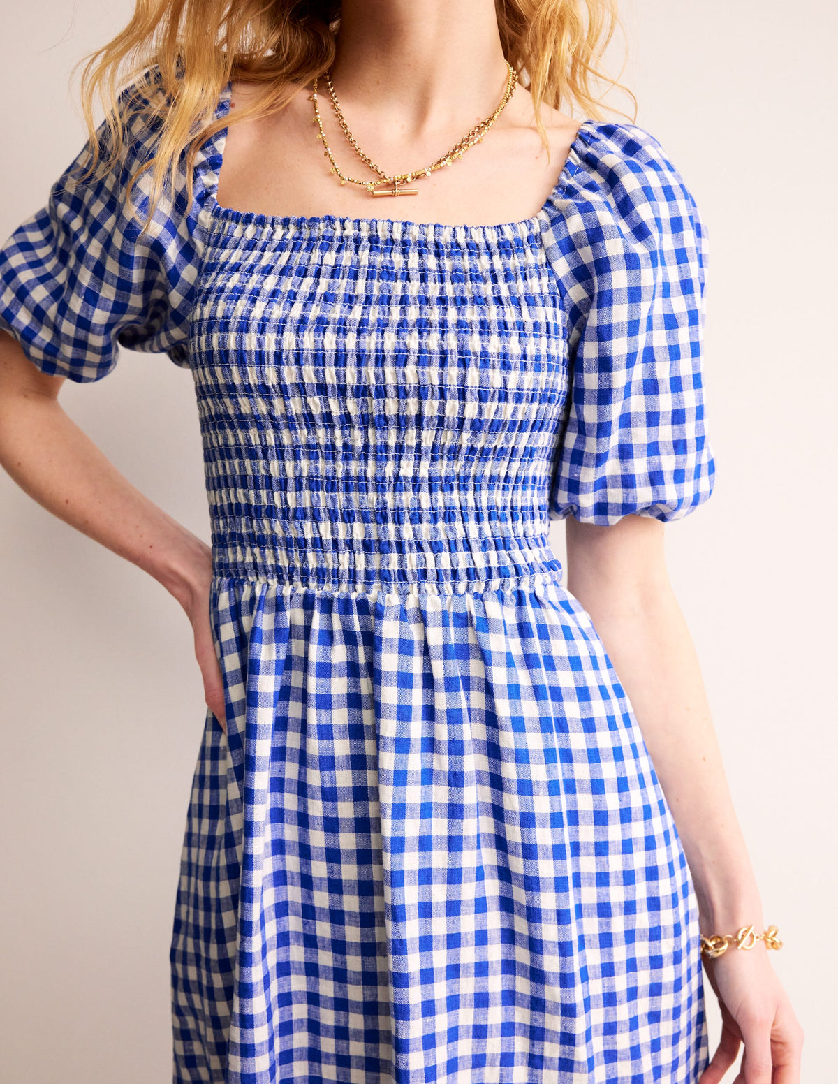 Sky Smocked Linen Midi Dress-Blue Gingham - Image 3