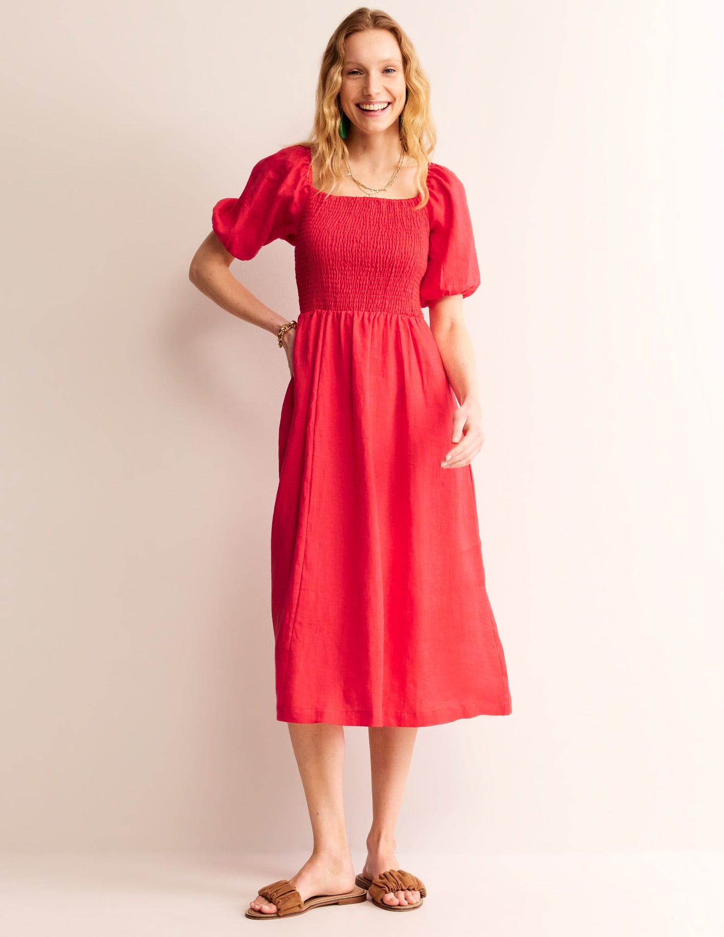 Sky Smocked Linen Midi Dress-Hibiscus