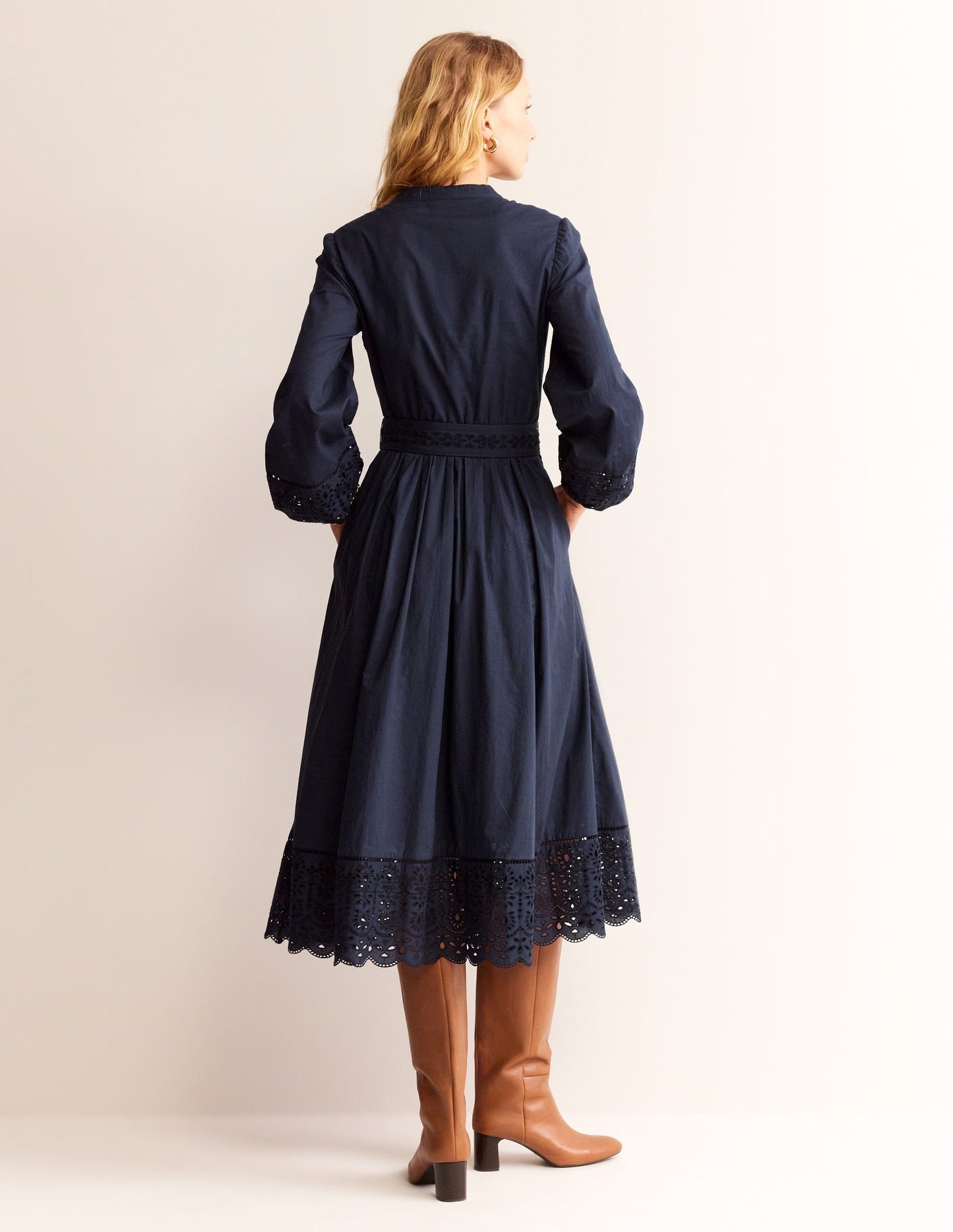 Jen Broderie Cotton Midi Dress-Navy