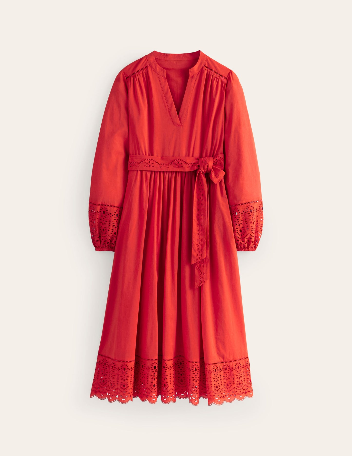 Jen Broderie Cotton Midi Dress-Vermillion Red