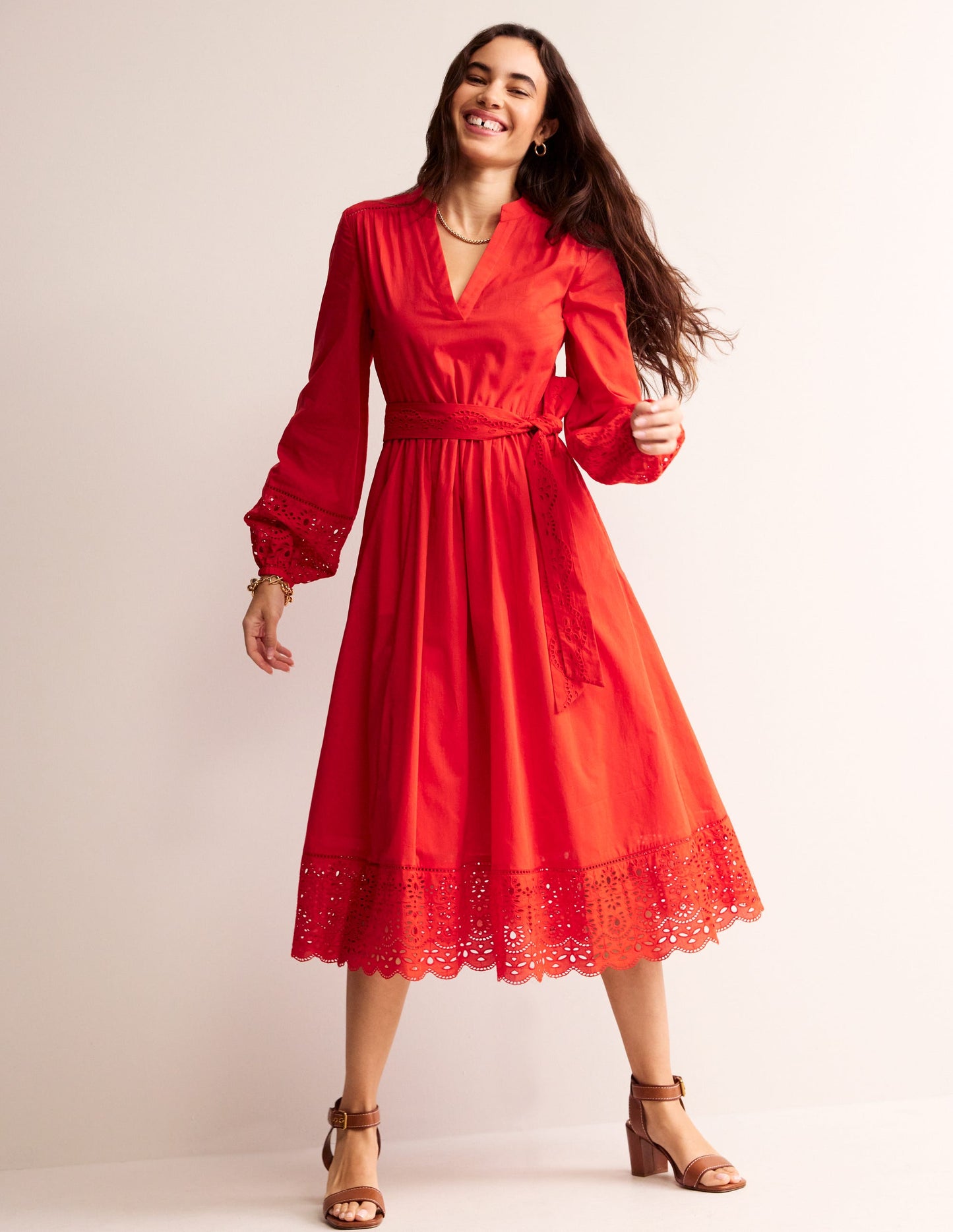 Jen Broderie Cotton Midi Dress-Vermillion Red