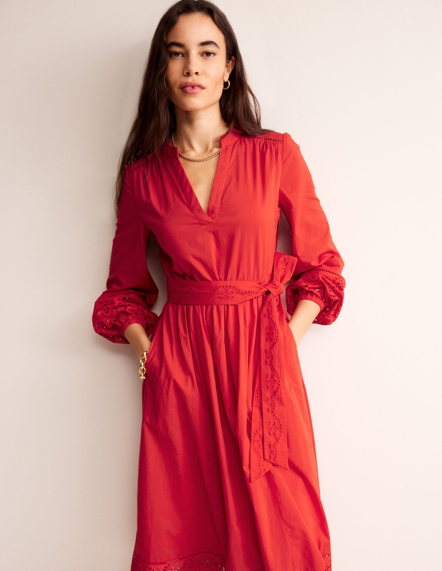 Jen Broderie Cotton Midi Dress-Vermillion Red