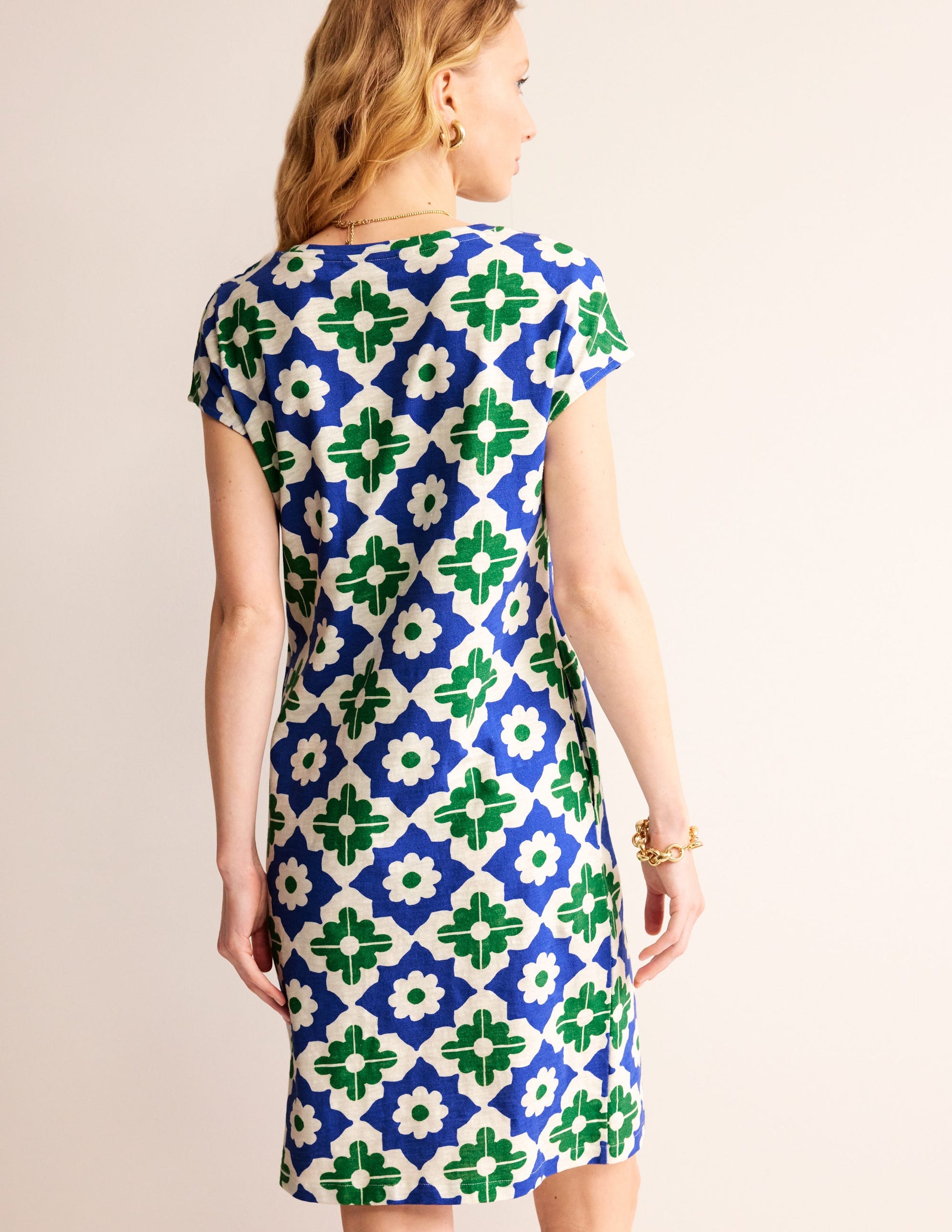 Leah Jersey T-shirt Dress-Green, Geometric Stamp-3