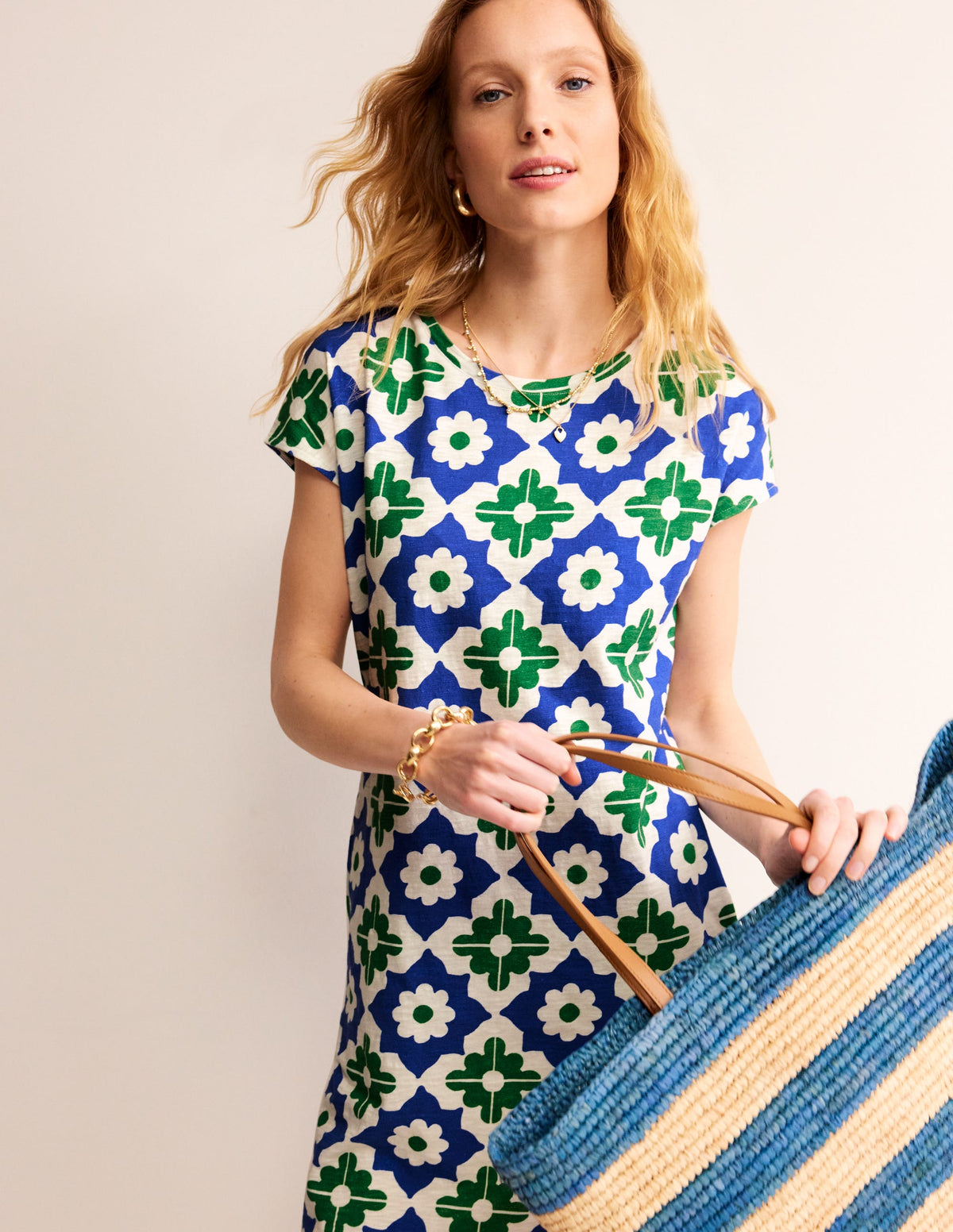 Leah Jersey T-shirt Dress-Green, Geometric Stamp-4