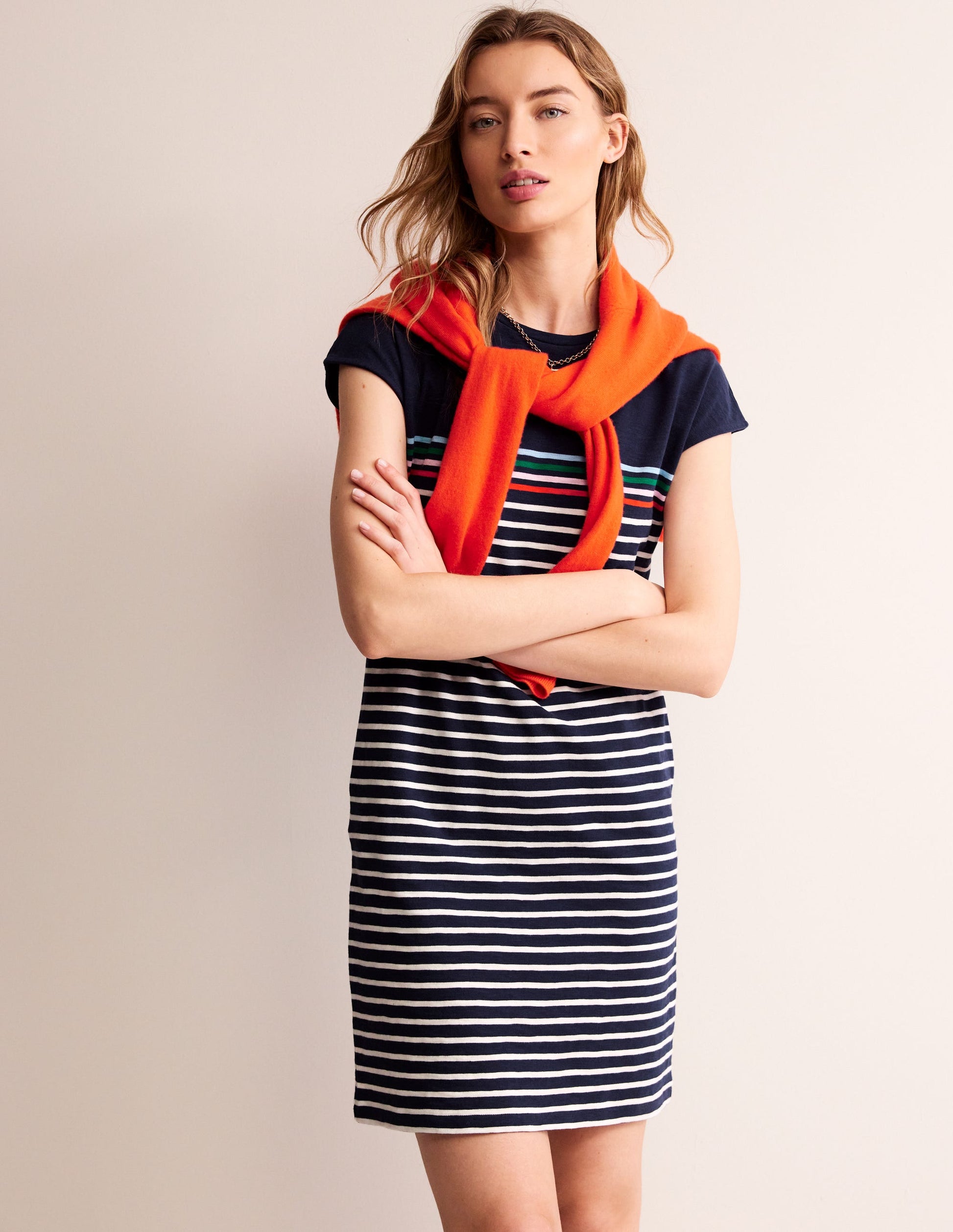 Leah Jersey T-shirt Dress-Navy, Ivory Multistripe-1