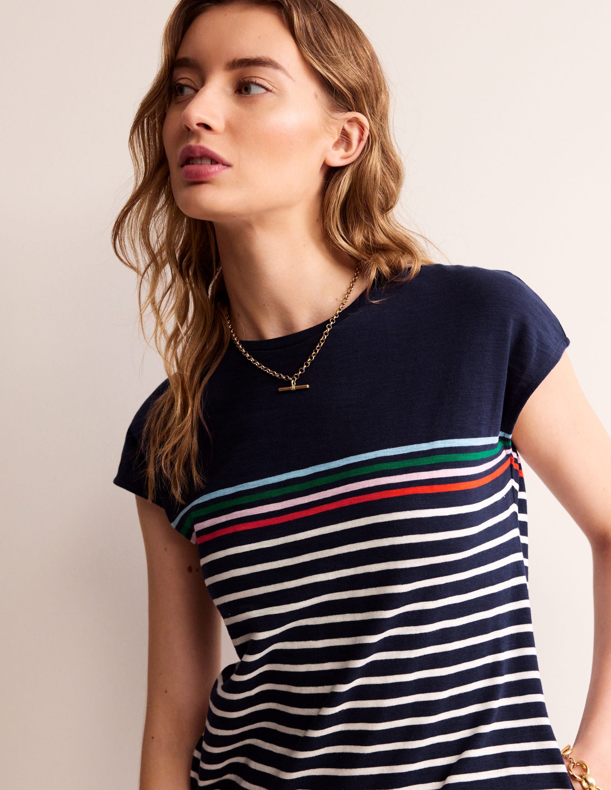 Leah Jersey T-shirt Dress-Navy, Ivory Multistripe-2