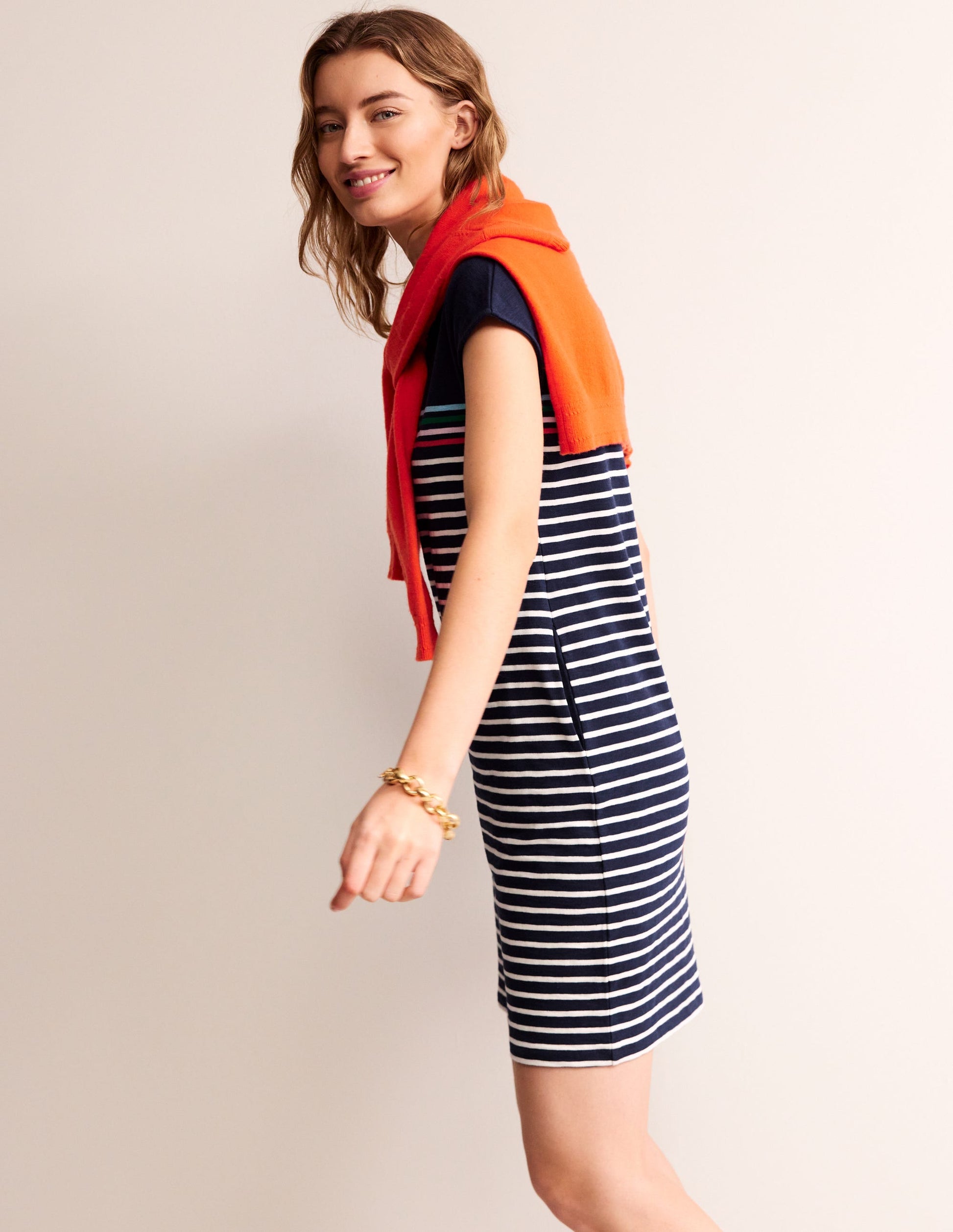 Leah Jersey T-shirt Dress-Navy, Ivory Multistripe-4