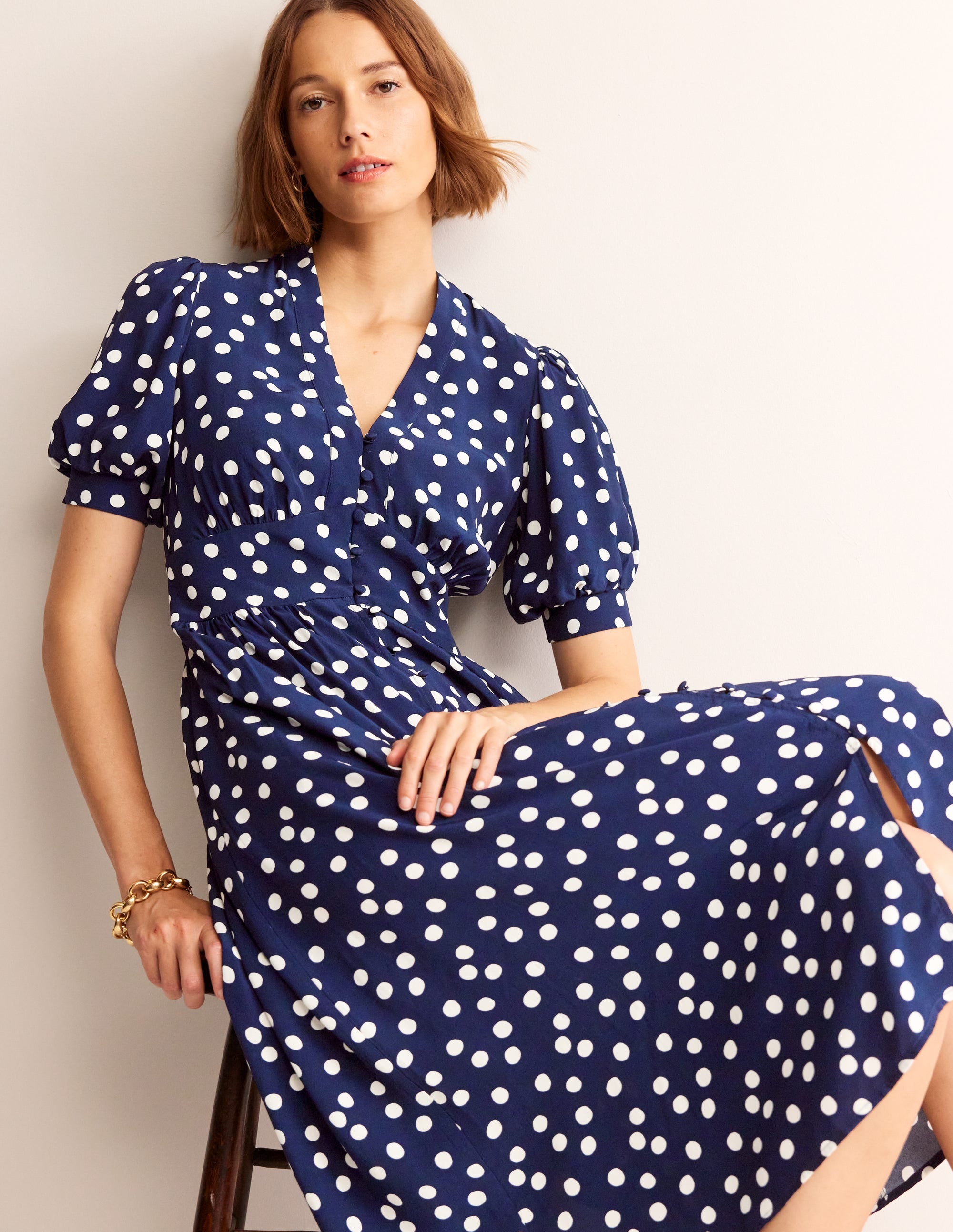 Elsa Midi Tea Dress-Navy Spot - Image 1