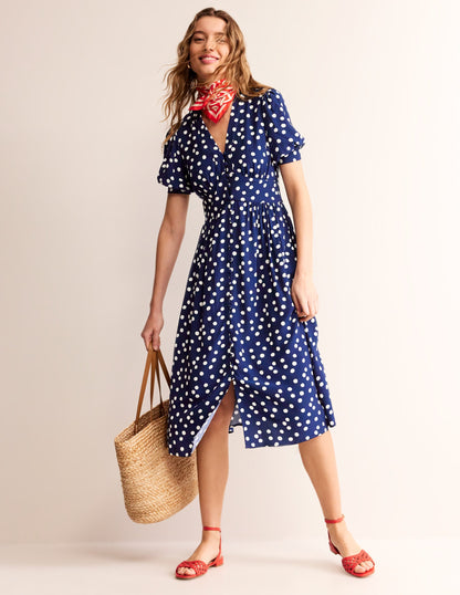 Elsa Midi Tea Dress-Navy Spot