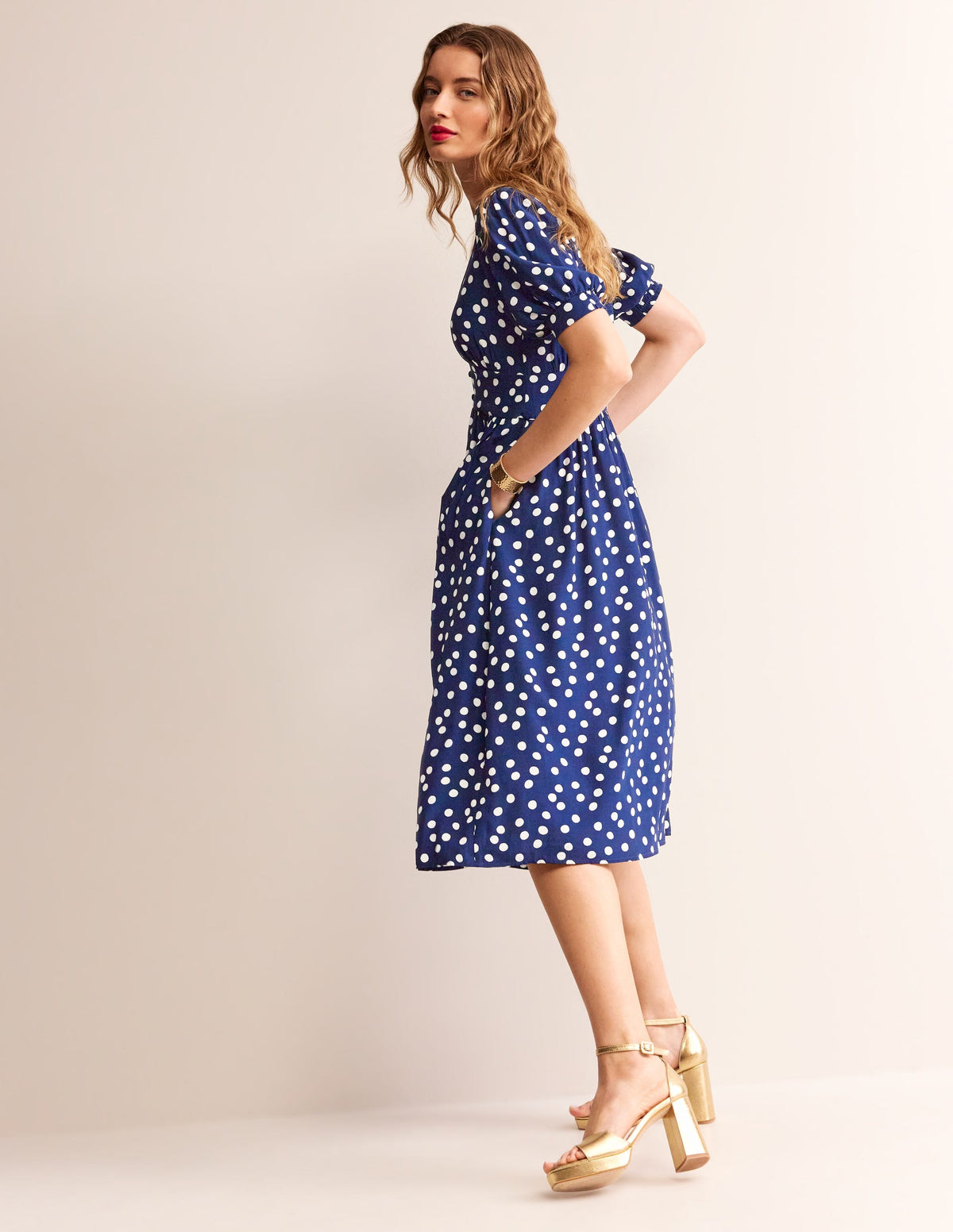 Elsa Midi Tea Dress-Navy Spot - Image 7