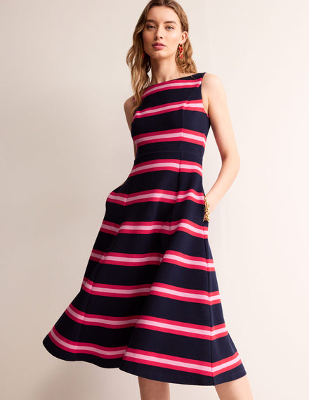 Scarlet Ottoman Ponte Dress-Navy, Red and Pink Stripe