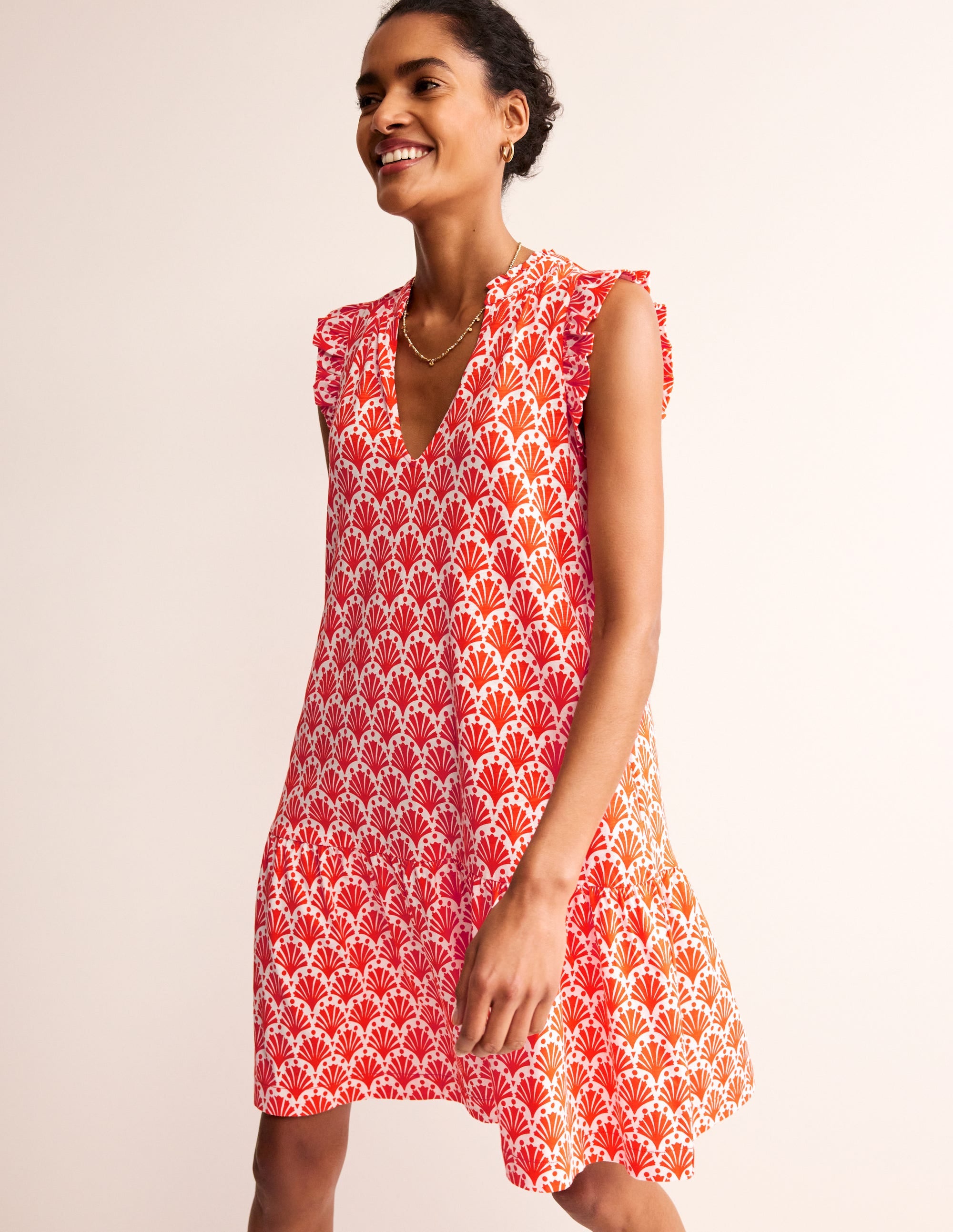 Daisy Jersey Short Tier Dress-Mandarin Orange, Shells - Image 1