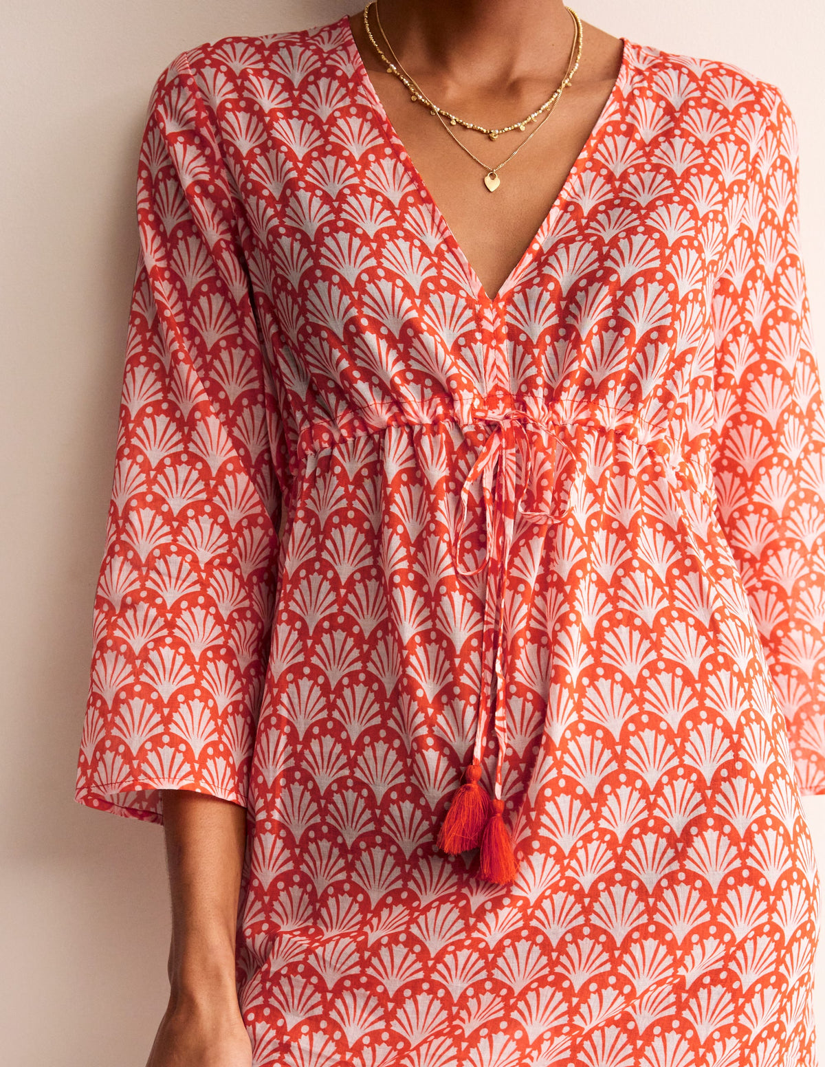 Cotton Beach Short Kaftan-Mandarin Orange, Shells - Image 2