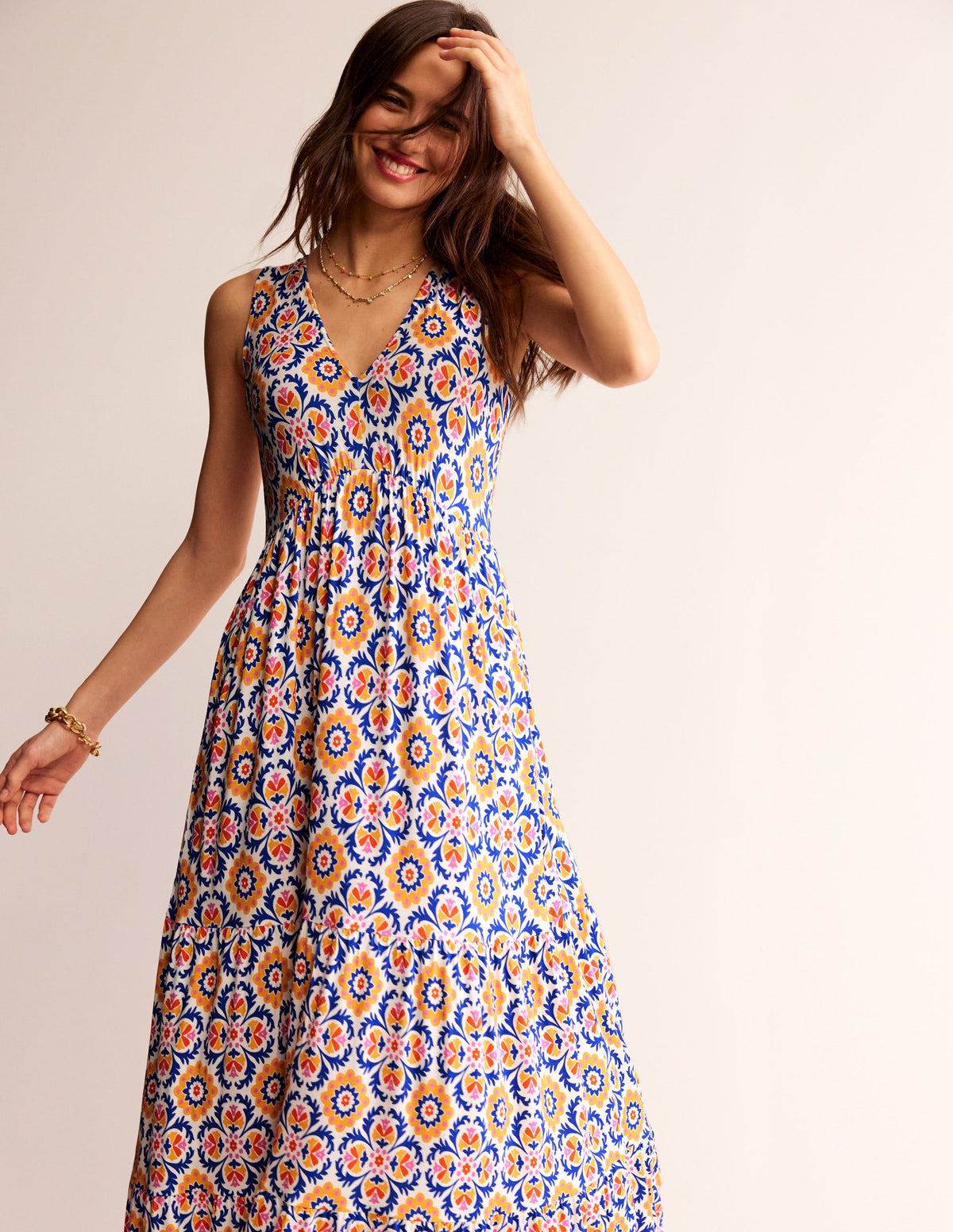 Sylvia Jersey Maxi Tier Dress-Artisan’s Gold, Mosaic Bloom-4