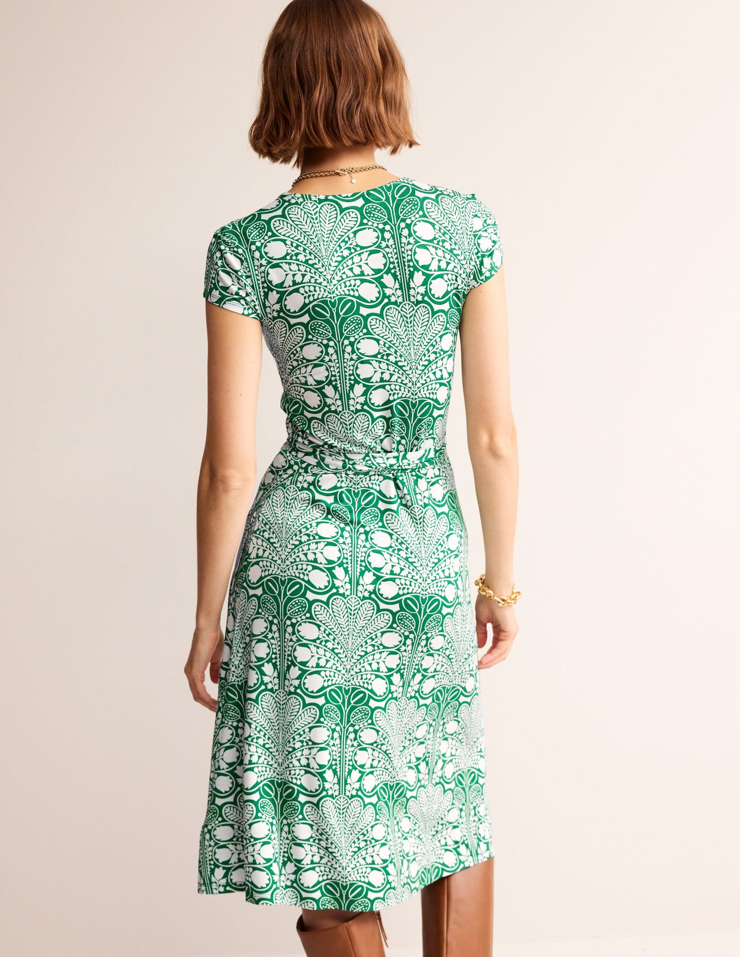 Joanna Cap Sleeve Wrap Dress-Green, Gardenia Swirl