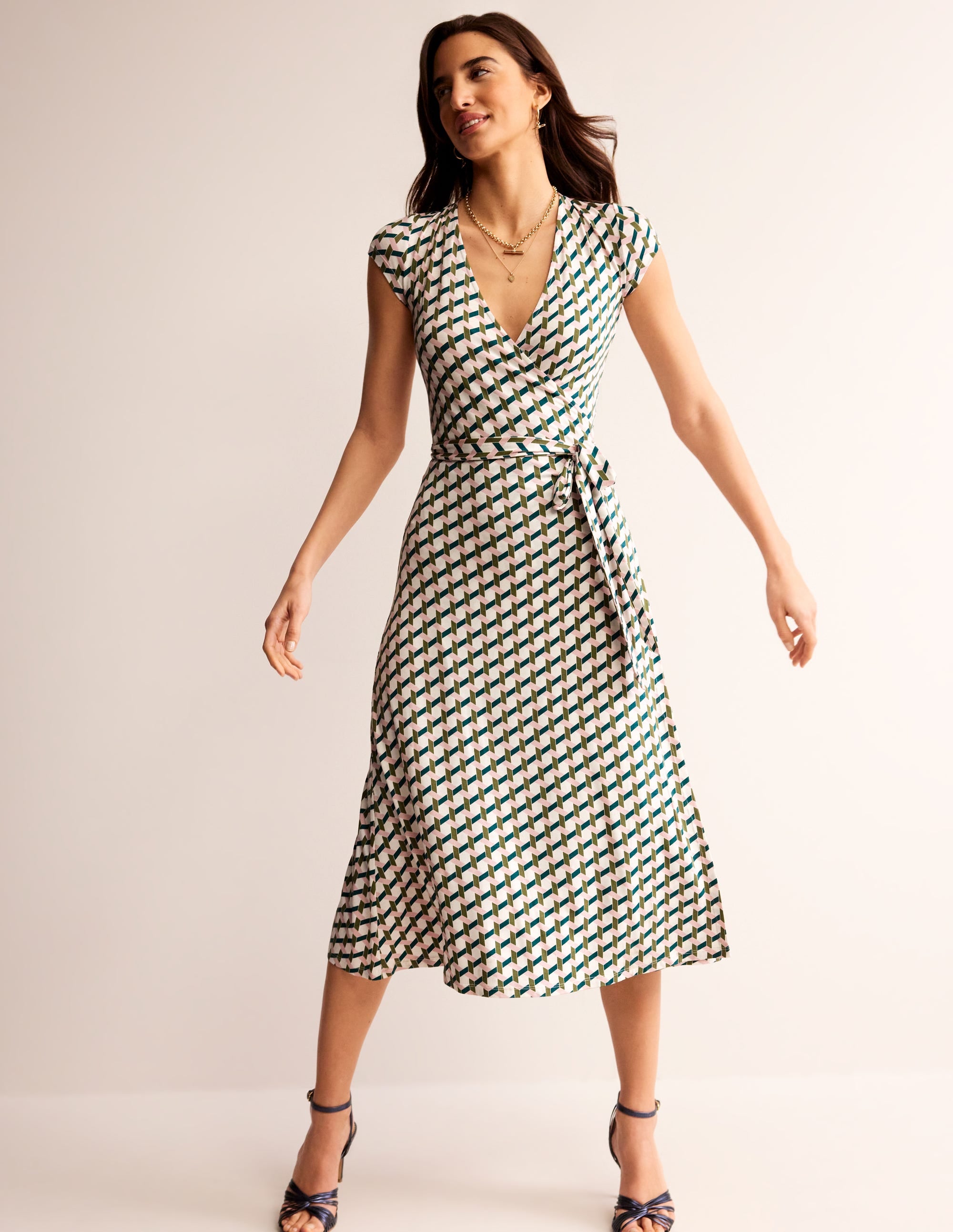 Joanna Cap Sleeve Wrap Dress-Mayfly, Honeycomb Geo - Image 2