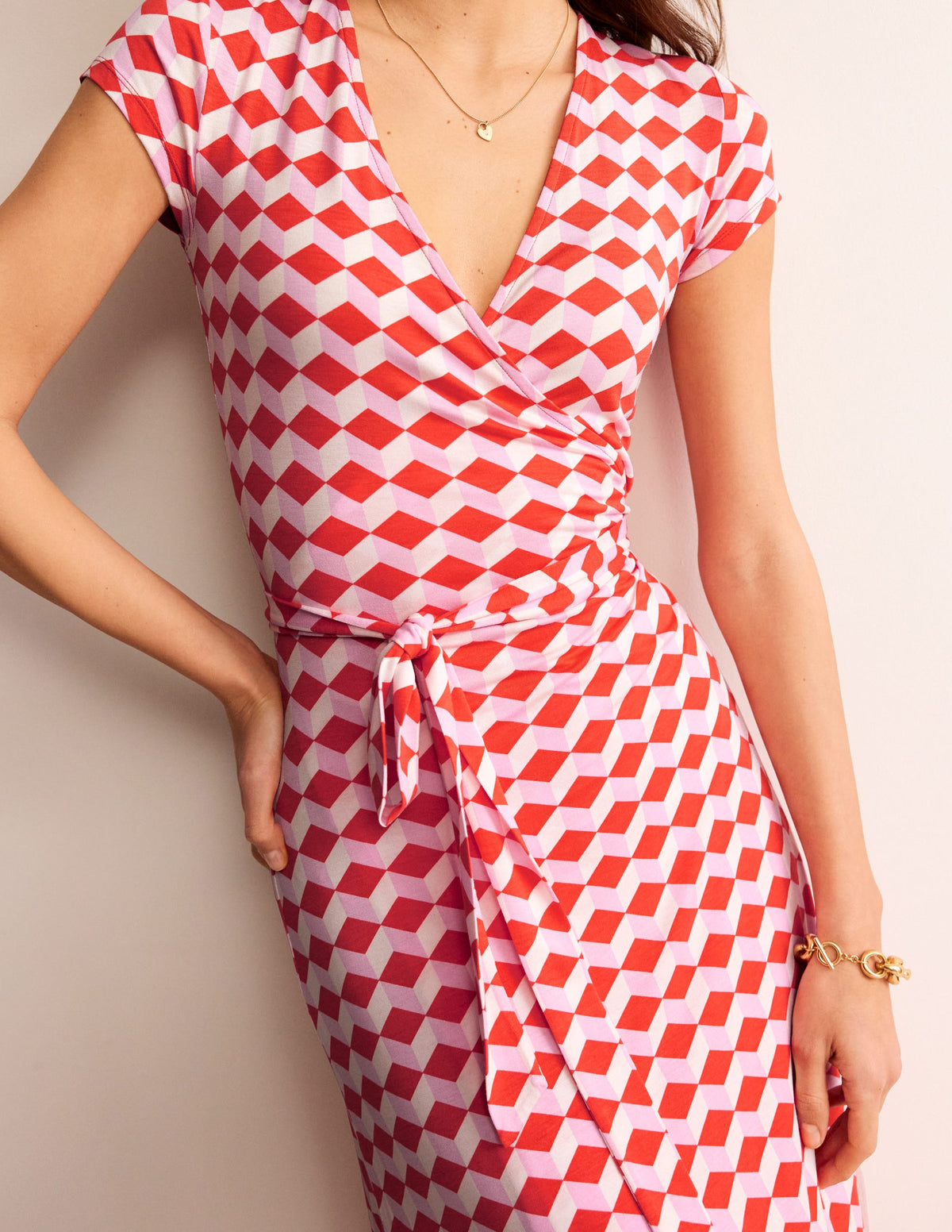 Joanna Cap Sleeve Wrap Dress-Red, Diamond Cube - Image 2