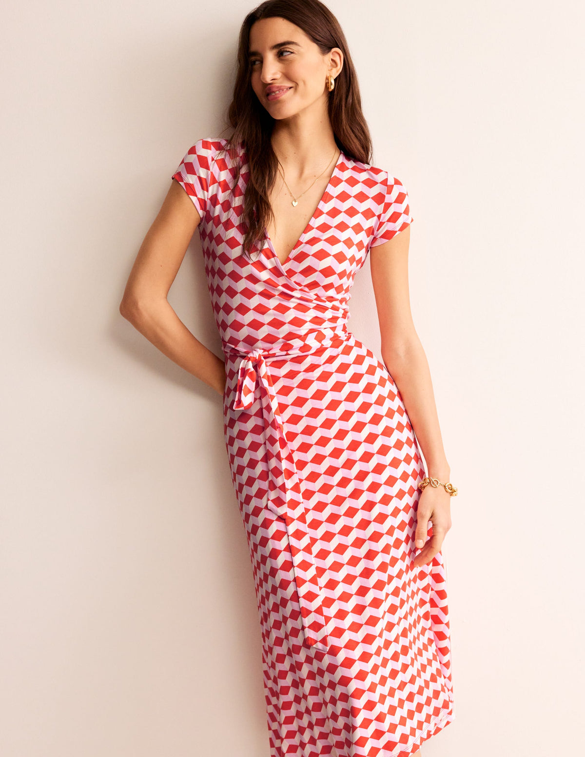 Joanna Cap Sleeve Wrap Dress-Red, Diamond Cube - Image 4