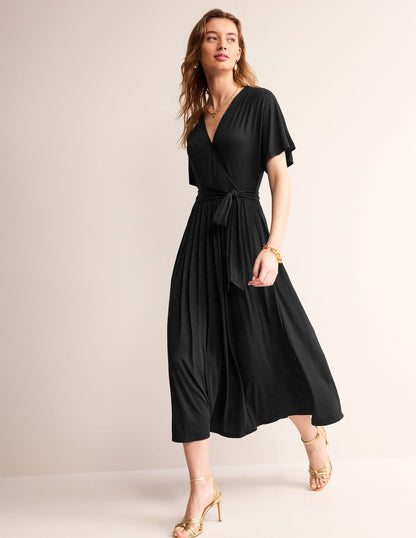 Kimono Wrap Jersey Midi Dress-Black