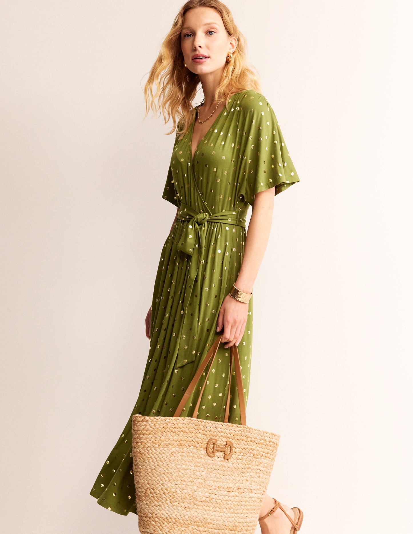 Kimono Wrap Jersey Midi Dress-Mayfly, Scattered Foil Spot