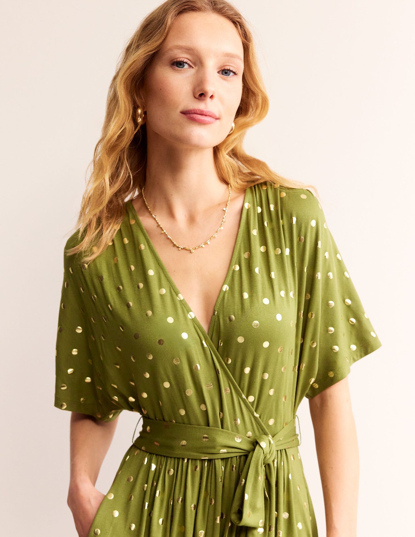 Kimono Wrap Jersey Midi Dress-Mayfly, Scattered Foil Spot