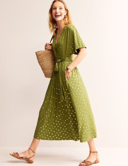 Kimono Wrap Jersey Midi Dress-Mayfly, Scattered Foil Spot-4