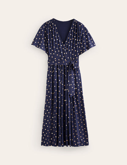 Kimono Wrap Jersey Midi Dress-Navy, Scattered Foil Spot