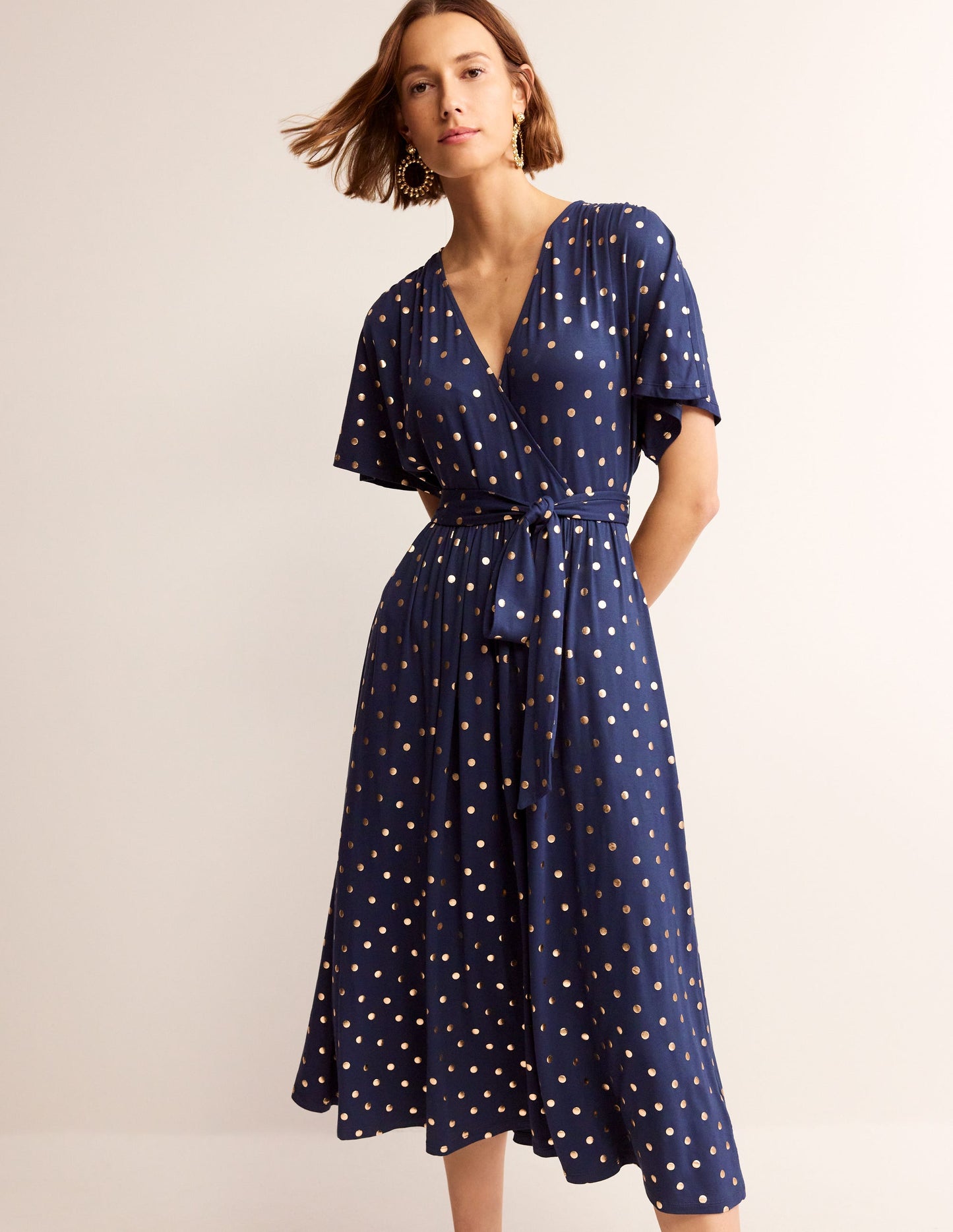 Kimono Wrap Jersey Midi Dress-Navy, Scattered Foil Spot